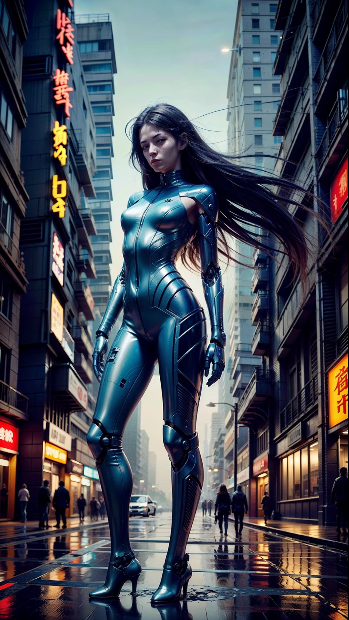 quality,ultra-detailed,photorealistic,robotic, 1girl,young swordswoman,slim body, (holding a glowing katana)), futuristic cyberpunk night city , outfit blending futuristic technology, (harsh urban environment:1.3), (masterpiece,cyberpunk style with Chinese influence, headband, night, rain, puddles, cyberpunk lights, extreme detailed, (long hair:1.3),(iridescence holographic Clothing:1.1)