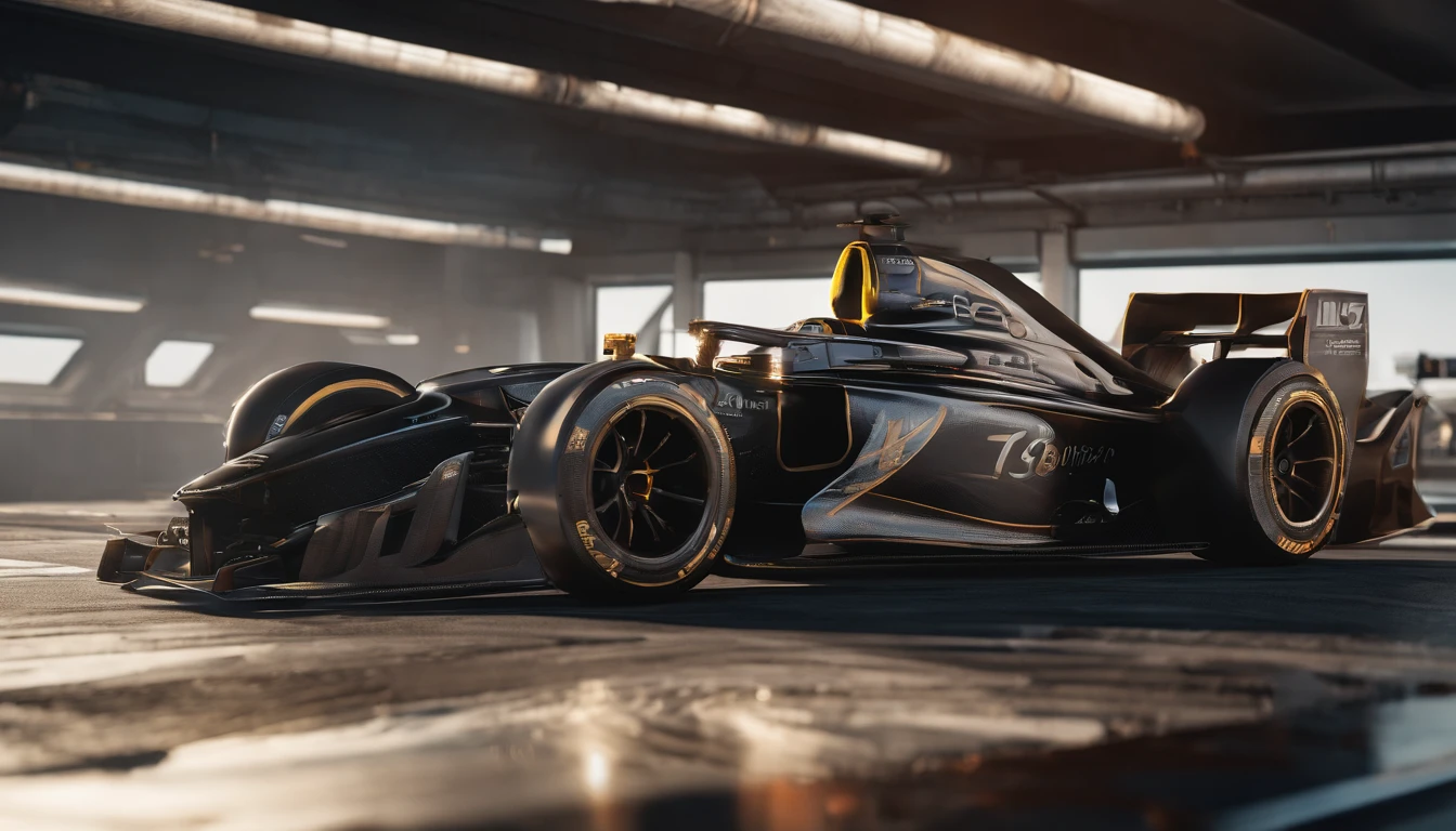 Professional Photography, Sharp Photo of a Formula 1 Race Car, Extremely Detailed, Sunrise, 8k, Realistic, Art Station Trend, Sharp Focus, Studio Photography, Intricate Details, Highly Detailed, Photorealistic, Neon Ambience, Oil black abstract, mecha gear, detailed acrylic, grunge, intricate complexity, rendered in unreal engine, photorealistic