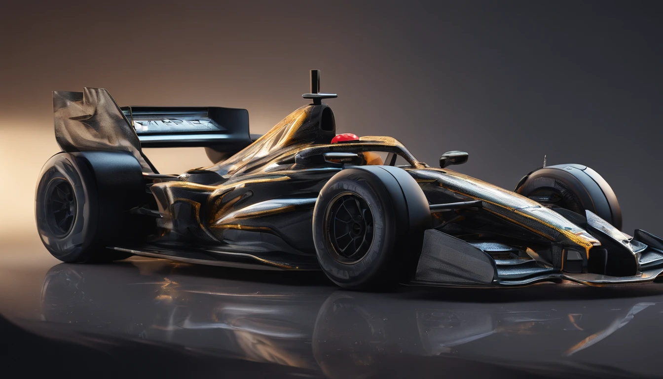 Professional Photography, Sharp Photo of a Formula 1 Race Car, Extremely Detailed, Sunrise, 8k, Realistic, Art Station Trend, Sharp Focus, Studio Photography, Intricate Details, Highly Detailed, Photorealistic, Neon Ambience, Oil black abstract, mecha gear, detailed acrylic, grunge, intricate complexity, rendered in unreal engine, photorealistic