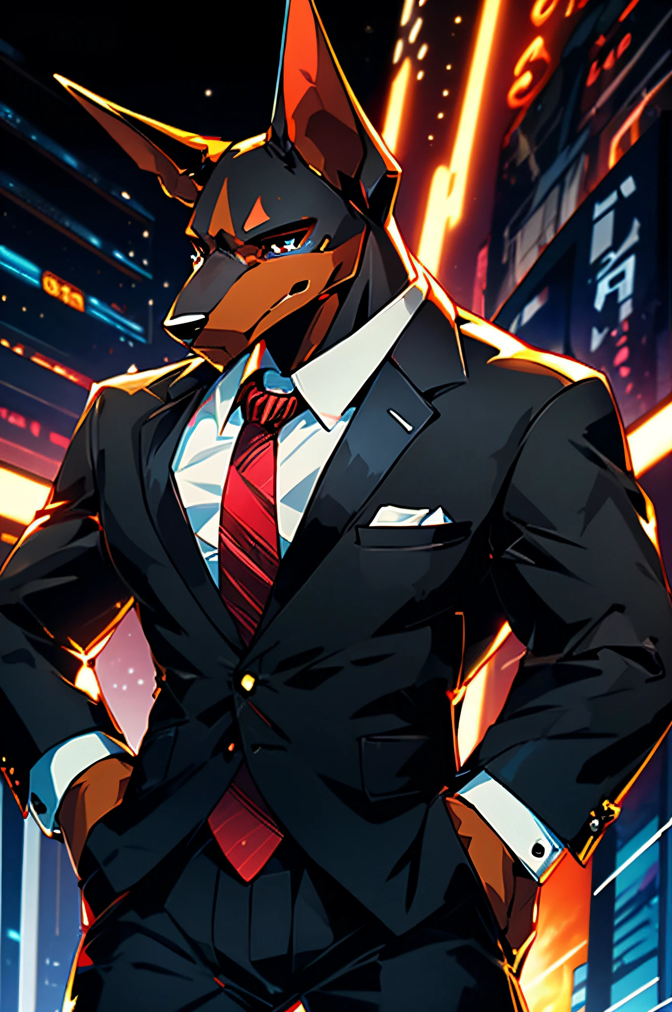 (Man in black suit and tie)comic strip、Anthropomorphic Doberman dog、cyberpunked