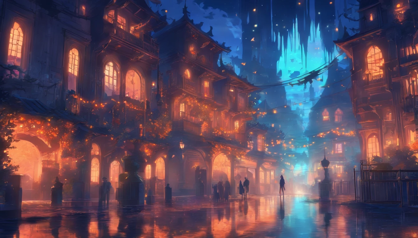 Halloween depth vista, Light and reflections in movies, Glowing lights, An intermediate element of the metaverse,Digital painting, Bright reflections, reflect,Quiet night, Digital illustration, Lovely atmosphere, Skylight at night, Quiet atmosphere at night, Halloween, it's nighttime, Ten, game scenes, Halloween, Surrounded by clouds, Architecture of New York, Enamelled tiles, beautiful color, There are three arches in the foreground((Shade placement ink ) ), ((Splashing ink) Inky})), tmasterpiece, High career, graphics beautiful, High details,magnifica