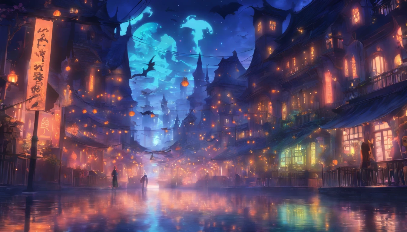 Halloween depth vista, Light and reflections in movies, Glowing lights, An intermediate element of the metaverse，Digital painting, Bright reflections, reflect,Quiet night, Digital illustration, Lovely atmosphere, Skylight at night, Quiet atmosphere at night, Halloween, it's nighttime, Ten, game scenes, Halloween, Surrounded by clouds, Architecture of New York, Enamelled tiles, beautiful color, There are three arches in the foreground((Shade placement ink ) ), ((Splashing ink) Inky})), tmasterpiece, High career, graphics beautiful, High details,magnifica