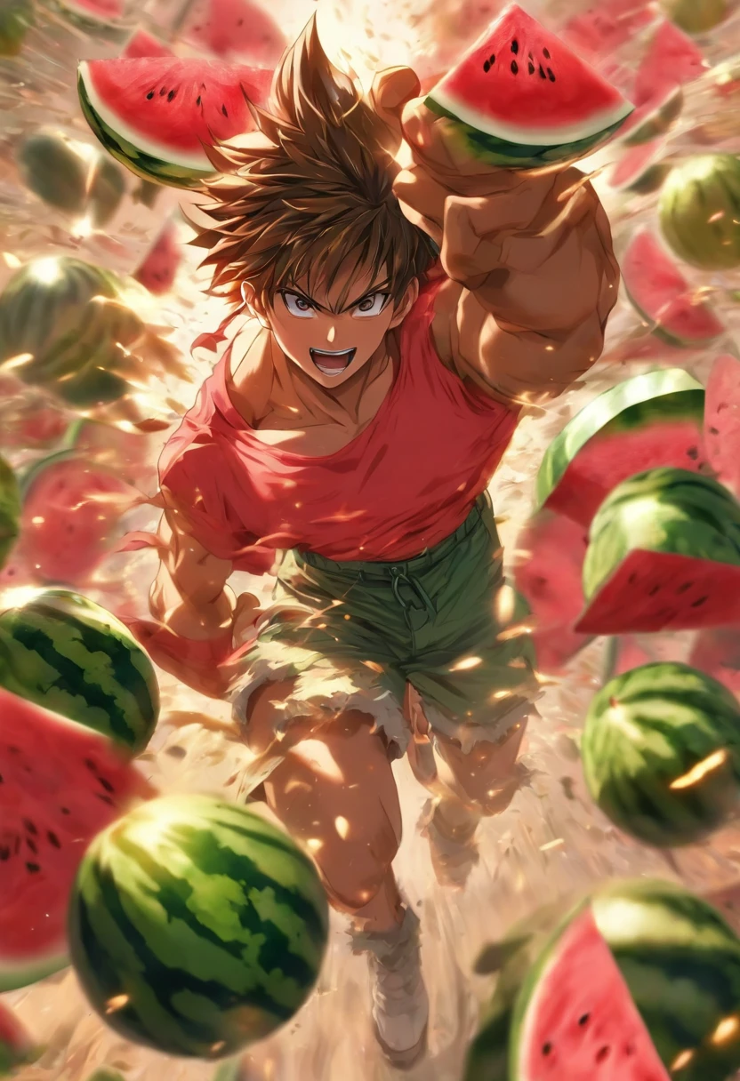 anime guy with a watermelon in his hand and a bunch of watermelons in the air, material is!!! melancia!!!, Makoto, Makoto Kano, pose de anime bonito, Directed by: Eizan Kikukawa, cara bonito na arte demon slayer, Eren Jaeger, Kentaro Miura Arte, Makoto Shinka, homem bonito anime, musculoso!!