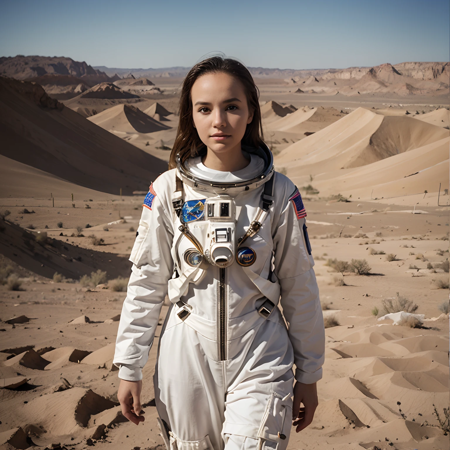 Make a girl with a large forehead astronaut suit and a desert background