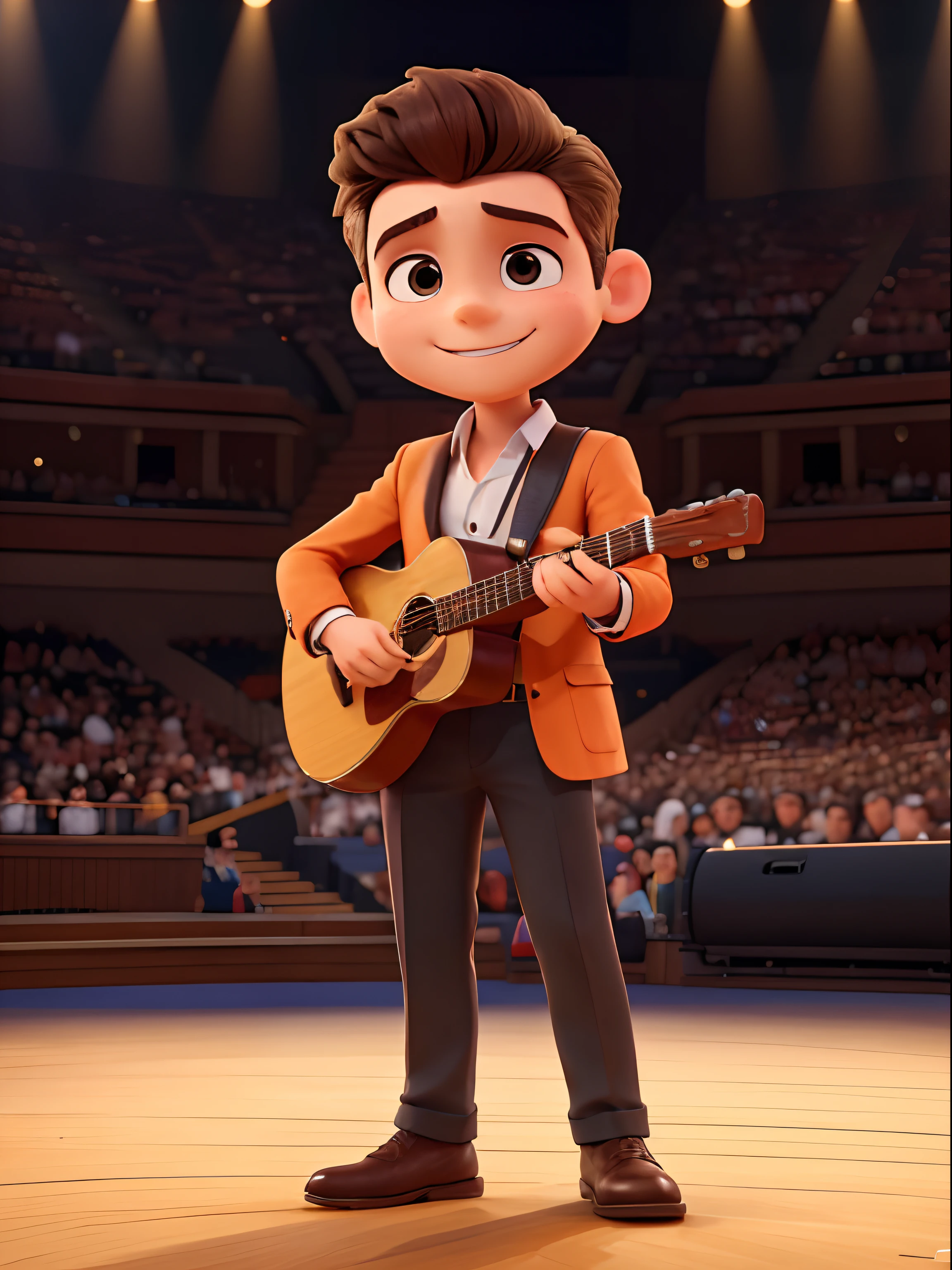 The image shows a charming 25-year-old singer playing his guitar on the stage of a large concert hall with many people in the audience. The boy is wearing a vibrant orange blazer and orange pants, which shows that he has a unique style. His warm brown eyes and neatly trimmed petite beard add a touch of maturity to his youthful nature. A imagem capta a energia vibrante e o entusiasmo do rapaz, radiating a sense of happiness and creativity. The attention to detail and impeccable execution of the image make it a true masterpiece.