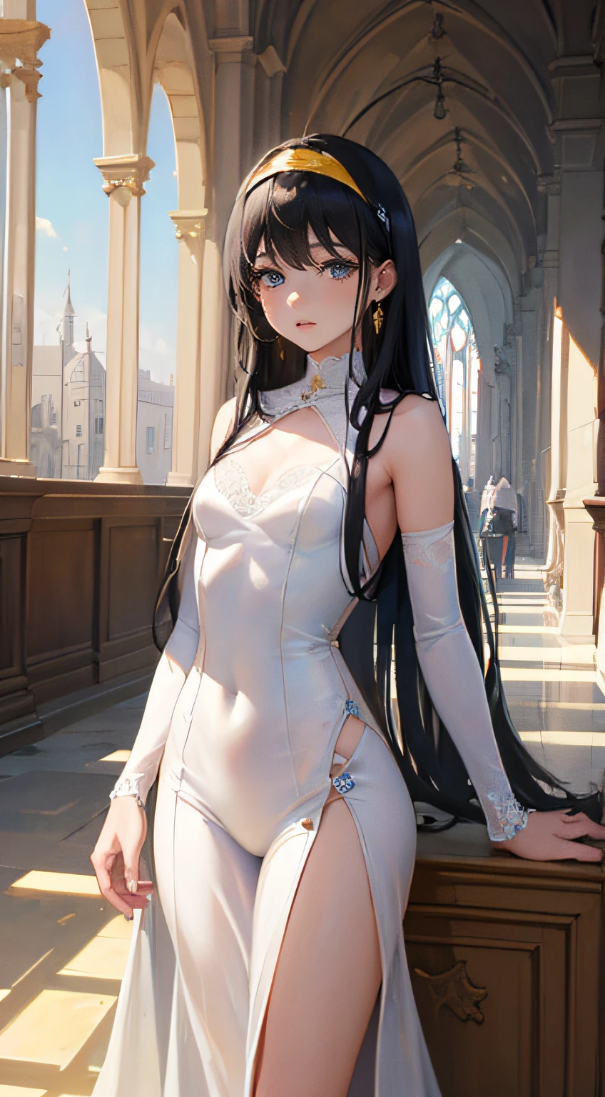 (Masterpiece),(of the highest quality),((long hair:1.3)),(Yellow headband:1.3),(Black hair),(Solo),White costume,All Gothic Lolita costumes are white cloth:1.3,((One-piece type costume)),Elegant and elegant Gothic Lolita,Have a bouquet of white flowers,Stretching the body,Relaxed,Venice,chapel,Large space,Inside the cathedral with high ceilings,Destroyed and the interior is damaged,Bust-up composition, Built for cameras,oriented,Awe-inspiring scenery,((small udder)),((skinny thigh)),Soft skin, High school students,Tall,Mature body,Nice big blue eyes, (High detail eyes),A look of compassion,Eyes open,Looking at the camera, Glittering decoration based on white,Stylish atmosphere,Beautiful scenery,Overhead configuration, f lare, Fine Features, Perfect Anatomy Tommy, Centered, Perfect distance, Highly detailed, with an intricate, acurate, Highly detailed rich colors, taming, Rich colors, clean, Rich colors, elaborate details, golden ratio illustrations