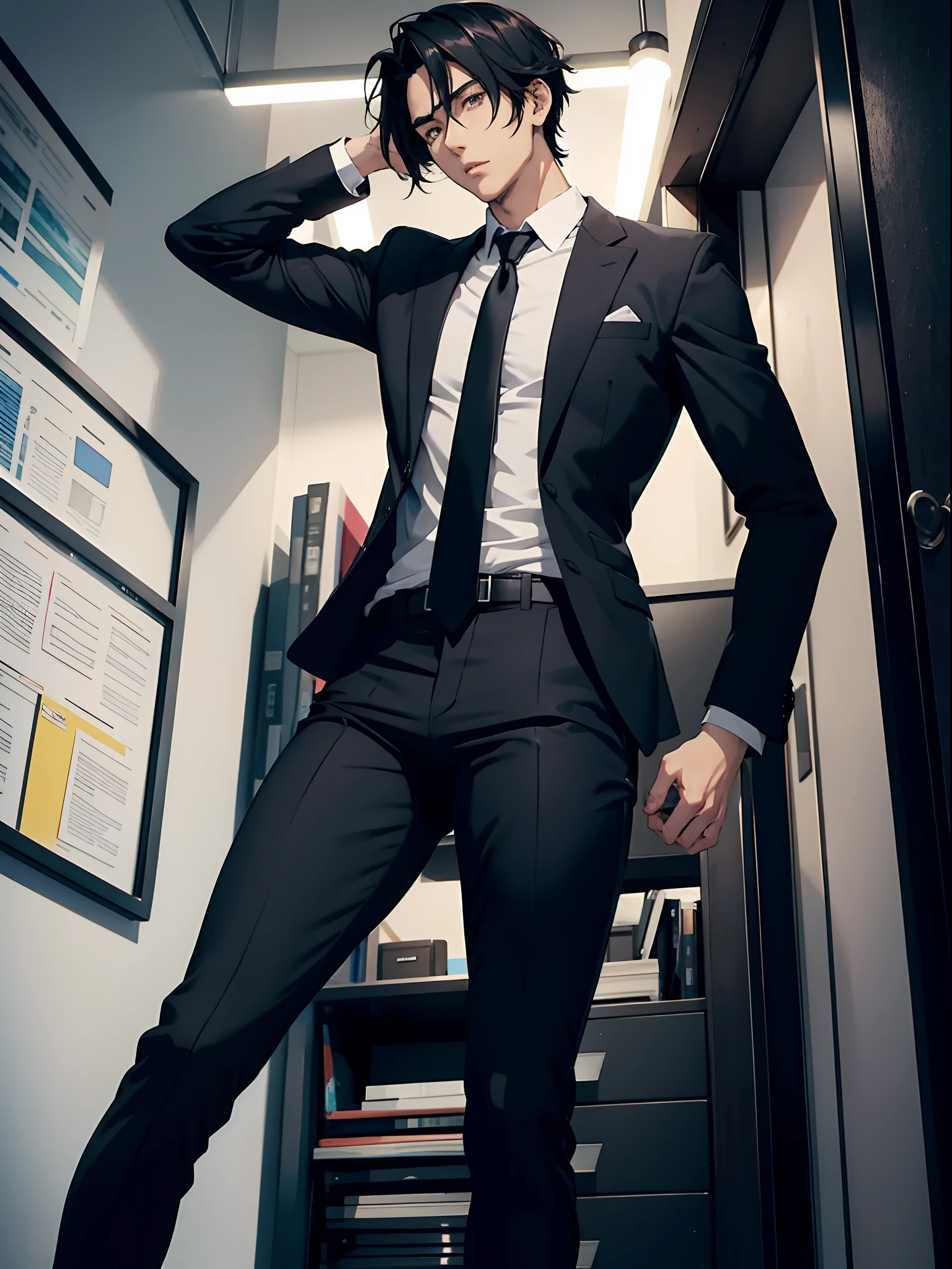 anime handsome man, black hair, wearing tight office pants