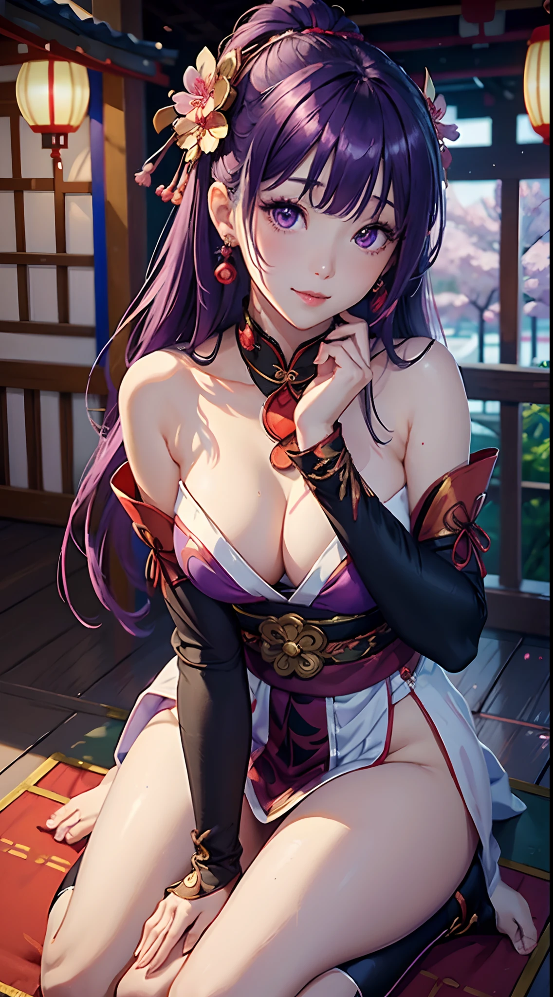 1girl, (ulzzang-6500:0.7), kpop idol, yae miko, detached sleeves, bare shoulders, purple hair, long hair, japanese clothes, best quality, (painting:1.5), (hair ornament:1.35), jewelry, purple eyes, earrings, breasts, torii, cherry blossoms, lantern light, depth of field, detailed face, face focus, ribbon_trim, (looking at viewer:1.25), nontraditional miko, shiny skin, long sleeves, smile, thick lips, game cg, hands on lips, east asian architecture, (blurry background:1.2), sitting, upper body, hands on knees, smiling