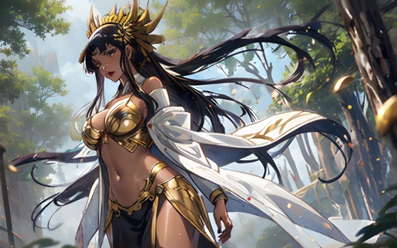 senjumaru shutara, (long hair, bangs, blunt bangs, black hair, sidelocks:1.5), (black eyes:1.5), makeup, lipstick, red lipstick, mechanical arms, sweating, glowing eyes, heavy breathing, breasts, 1girl, navel, cleavage, bare_shoulders, looking_at_viewer, solo, pants, large_breasts, standing, tattoo, long_sleeves, thighs, floating_hair, tree, toned, "Photorealistic, Hyperrealistic, Hyperdetailed, analog style, soft lighting, subsurface scattering, realistic, heavy shadow, masterpiece, best quality, ultra realistic, 8k, golden ratio, Intricate, High Detail, film photography, soft focus", sweating, steaming body, fog, (anime coloring, anime screencap:1.5)