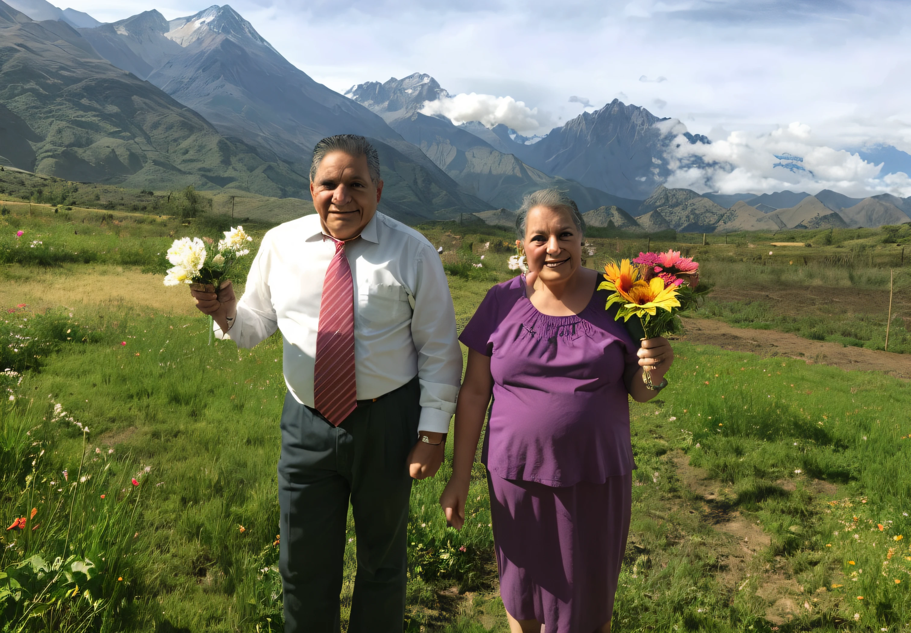 They're standing in a field with flowers in their hands, with mountains in the background, with mountains in background, momma and papa, with mountains as background, Mountains in the background, with mountains in the distance, Andes, con flores, eloy morales, Llevar flores, pilar, jose miguel roman frances, with a volcano in the background, Karla Ortiz