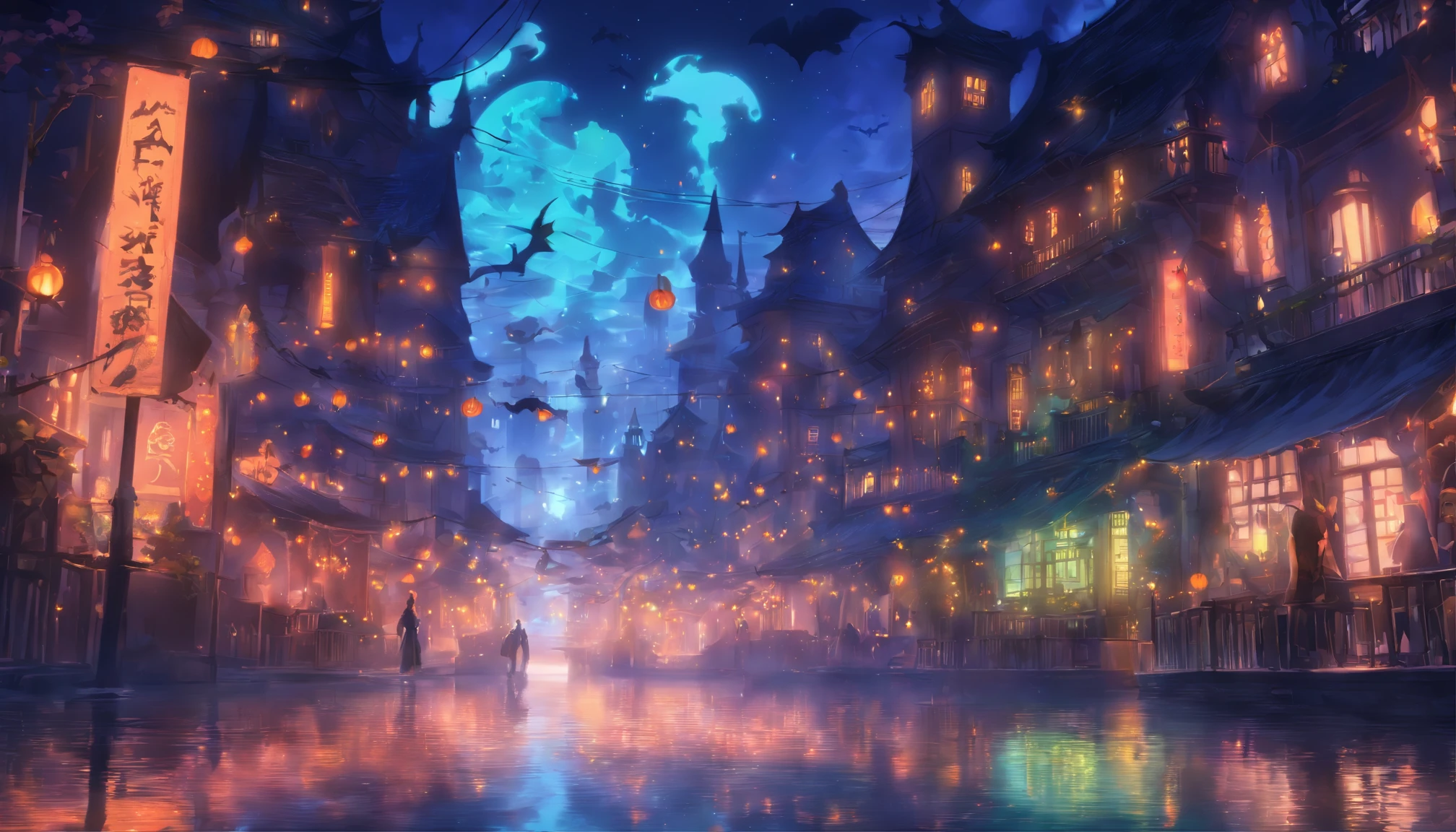 Halloween depth vista, Light and reflections in movies, Glowing lights, An intermediate element of the metaverse，Digital painting, Bright reflections, reflect,Quiet night, Digital illustration, Lovely atmosphere, Skylight at night, Quiet atmosphere at night, Halloween, it's nighttime, Ten, game scenes, Halloween, Surrounded by clouds, Architecture of New York, Enamelled tiles, beautiful color, There are three arches in the foreground((Shade placement ink ) ), ((Splashing ink) Inky})), tmasterpiece, High career, graphics beautiful, High details,magnifica