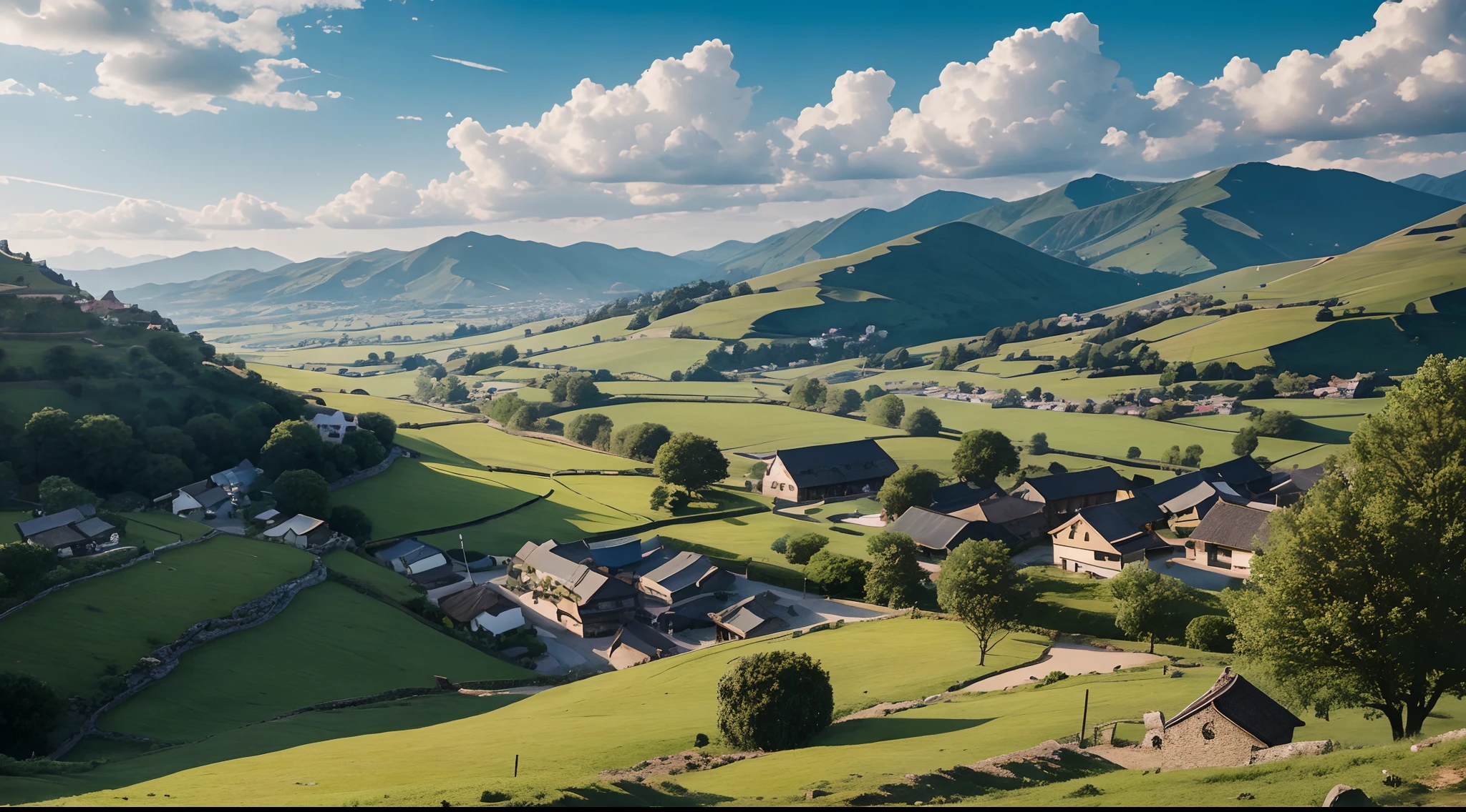 an image of the tranquil village nestled among the rolling hills, with the legend of young boy and Master Aran continuing to inspire generations.