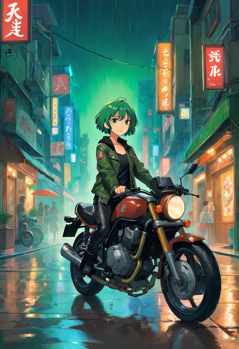 1girl, brown skin, short green hair, brown eyes, wearing black tank top, wearing black_green leather jacket, black leather pants, sitting on motorcycle, at night, black leather boots, city street, ground wet from rain, fall, night time, neon sign in background, beautiful, absurdres, high res, ultrasharp, 8k, masterpiece, looking at viewer.