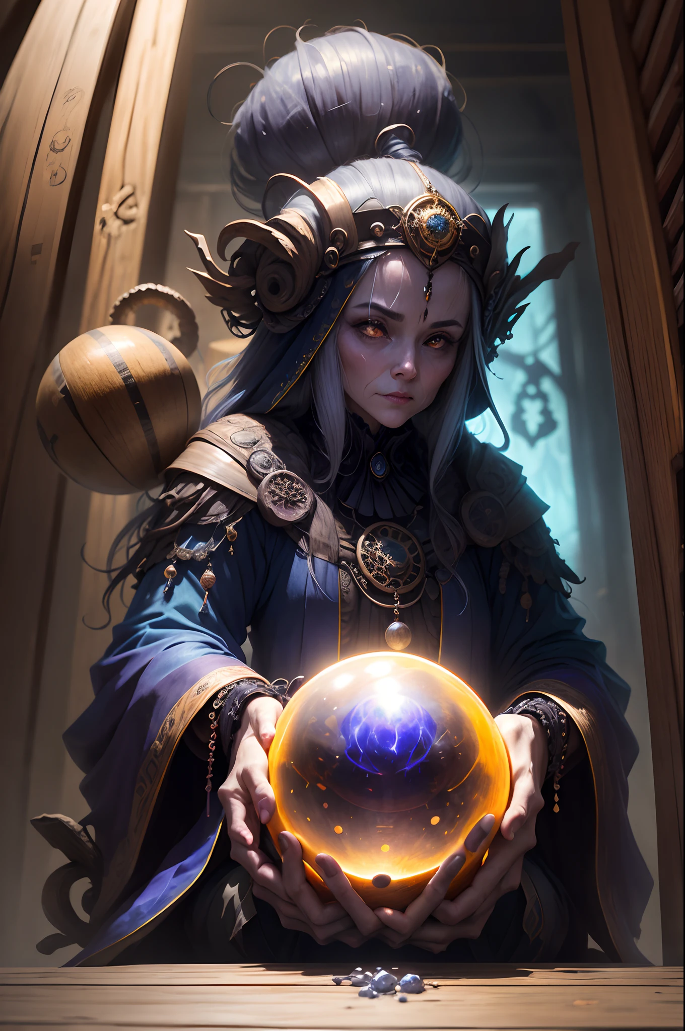 A Mysterious and Wise Ancient Woman, envolta em mantos escuros e ricos, com cabelos prateados e longos que caem sobre seus ombros. She's sitting behind a dark wooden desk, Carved with ancient symbols. No centro da mesa, A large, glowing crystal ball radiates a faint bluish haze.