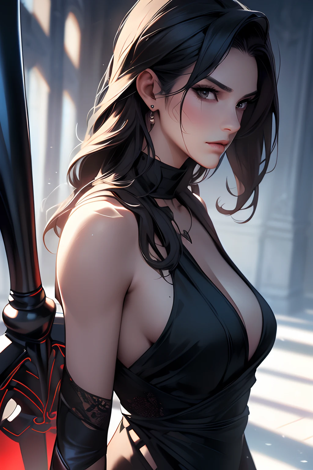 (best quality,4k,8k,highres,masterpiece:1.2),ultra-detailed,(realistic,photorealistic,photo-realistic:1.37),omniscient reader's viewpoint, ((1female, grim reaper fanart)), manhwa art style, beautiful korean woman, siren eyes, beautiful features, stylish hair, sharp jawline, chiseled face, charming, artistic lighting, detailed shadows, dynamic pose, holding a scythe, confident expression, fully covered body, black elegant dress, attention to details, dim lighting, subtle textures, expressive eyes, stunning beauty, dark atmosphere, immersive experience, detailed background, focus on facial features, visual storytelling, breathtaking composition, authentic representation, stylish dark accessories, impeccable fashion sense, artistic incorporation of texturing, realistic skin tones, attention to human form, exquisite artwork quality, lifelike textures, fantastic illustration technique, lively brushwork, vivid sense of depth, emotional impact, impeccable artistry, captivating image composition, mesmerizing atmosphere.