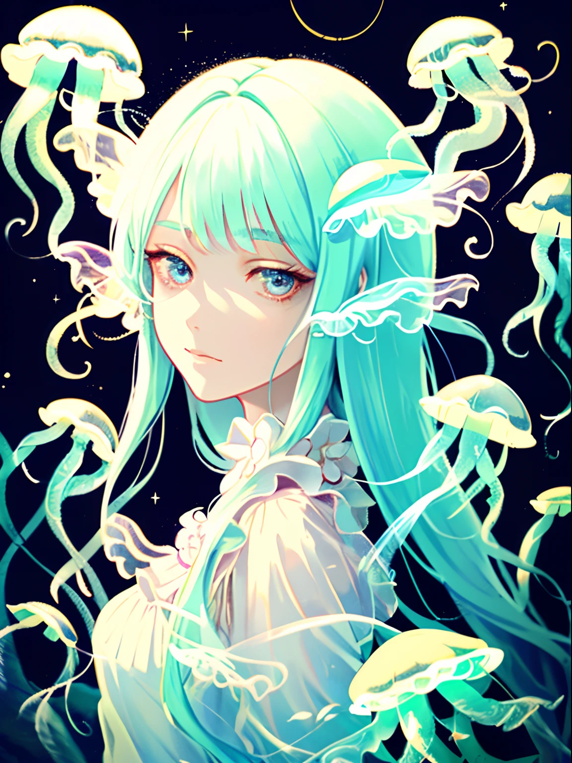 skindentation, 8k, portrait, (beautiful) lady, intricate, elegant, highly detailed, (jellyfish girl, monster girl), greg rutkowski,deep eyes, (limited pallet: pastel colors), vivid colors, in water, [plump], smug, ethereal, (moonlight), kawaii-colors, brilliant eyes,