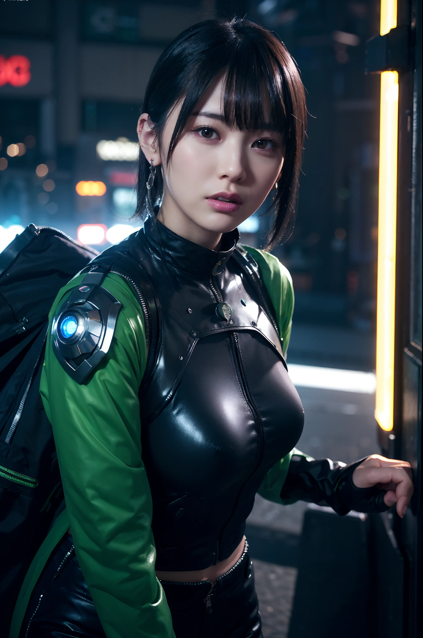 Award-winning photo from the waist up, green-haired woman showing face, alone, from torso up, with cybernetic enhancements with tattoo of magical symbols, in front of cyberpunk buildings, vibrant, photorealistic, hyperrealism, strong impressionist painting style, 1,618, elegant, ethereal, intricate, elaborate, hyper-realism, hyper-detailed, strong expressiveness and emotionality, cinematic lighting, visual clarity