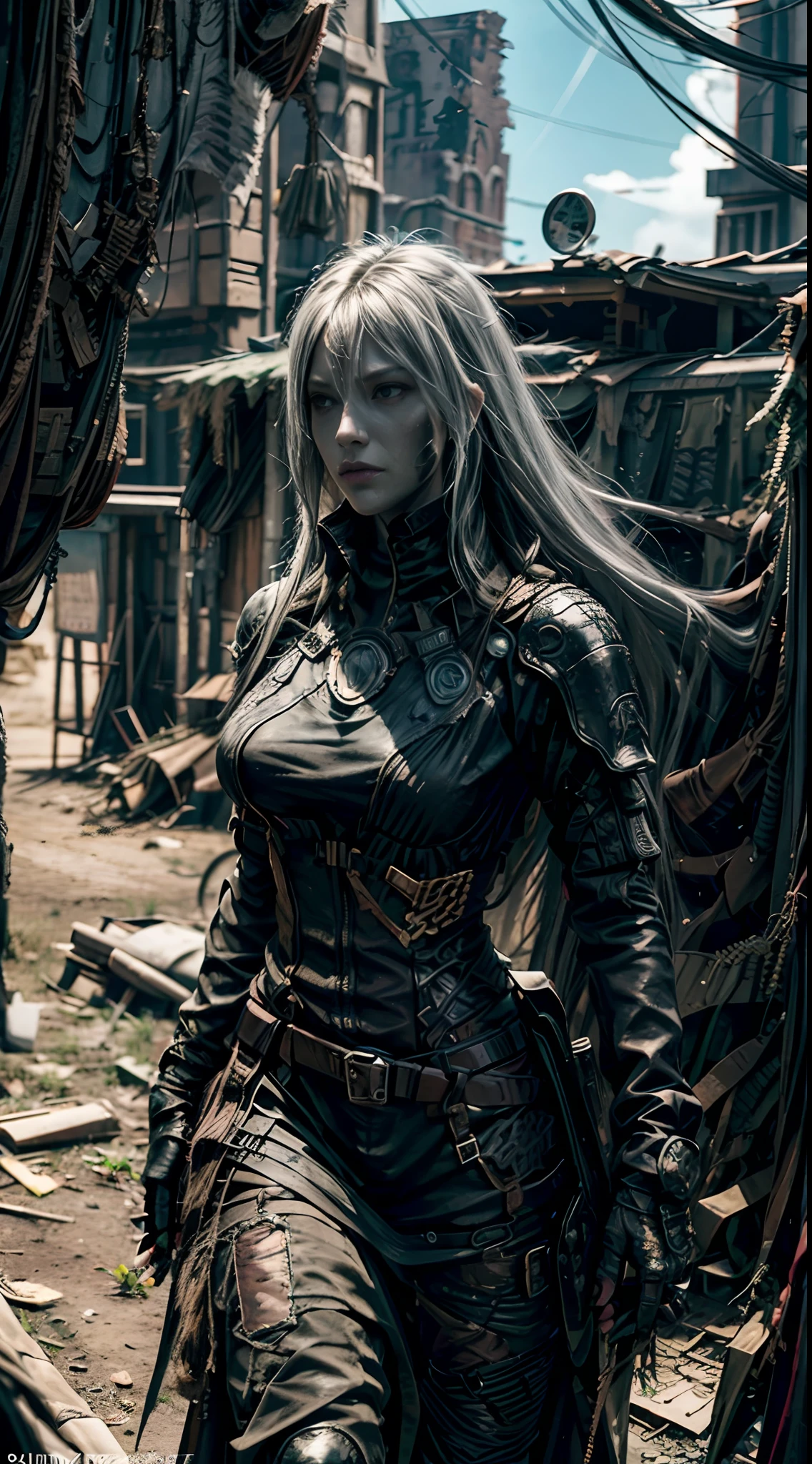 As the sun sets on the post-apocalyptic world, a fierce vampire huntress appears. Her sleek, black armor glistens in the fading light as she stalks her prey with deadly precision. With each step, her long, silver hair sways in the wind, a symbol of her power and grace.perfect face details,hdr , ray tracing cinematic shot, unreal engine 5, ultra realistic detailed,