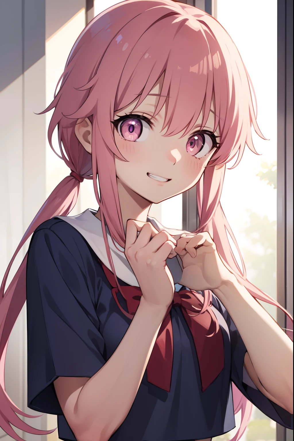 yunogasai, yuno gasai, long hair, (pink eyes:1.5), pink hair, smile, grin, low twintails,
BREAK school uniform,
BREAK indoors, classroom,
BREAK looking at viewer, BREAK (masterpiece:1.2), best quality, high resolution, unity 8k wallpaper, (illustration:0.8), (beautiful detailed eyes:1.6), extremely detailed face, perfect lighting, extremely detailed CG, (perfect hands, perfect anatomy),