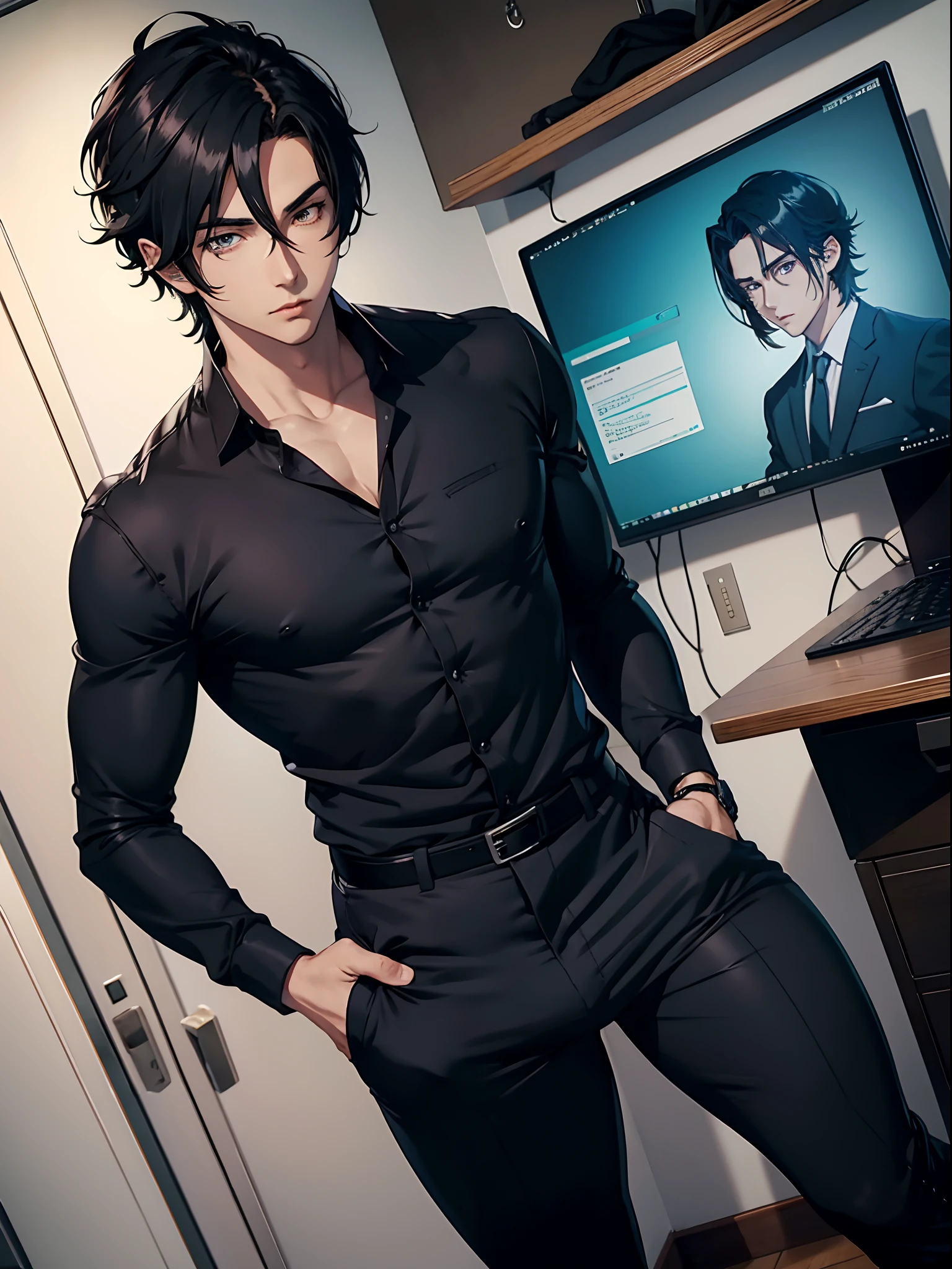 anime handsome man, black hair, wearing tight office pants