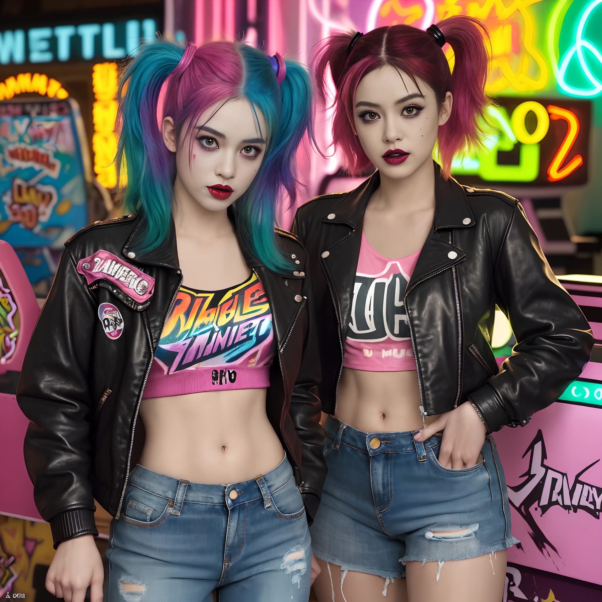 (Ultra-detailed,Realistic,Photorealistic:1.37), Energetic 80shair, Harley Quinn playing arcade games in a dimly lit shopping mall, Punk fashion, Neon lights, retro aesthetic, a vibrant atmosphere, graffiti-covered walls, Colorful arcade consoles, glowing screen, energetic music, Arcade tokens, dynamicposes, Fashion in the style of the 80s, ripped jeans, Leather jacket, Hair dyed in bright colors, Rebellious expression, Confident demeanor