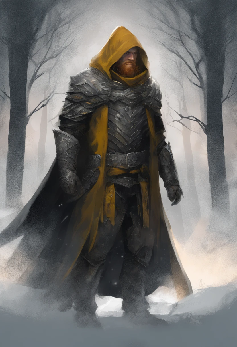 mysterious middle aged human male, short ginger hair, short ginger beard, scarred face, scars, detailed dark green eyes high details, grey scale armor, dark hooded cloak, dark fantasy, cinematic shot, yellow glow, frozen tundra background, medieval, masterpiece, all in a dark fantasy artstyle