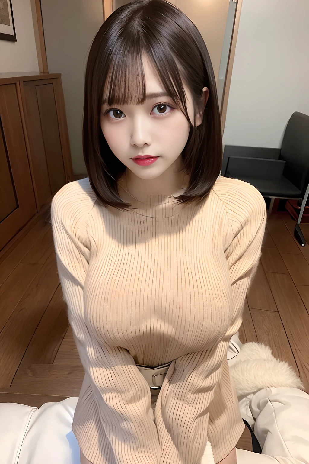 huge tit g-cup Beautiful breasts Wearing a beige knit with a turtleneck with long sleeves Wearing a brown checked miniskirt