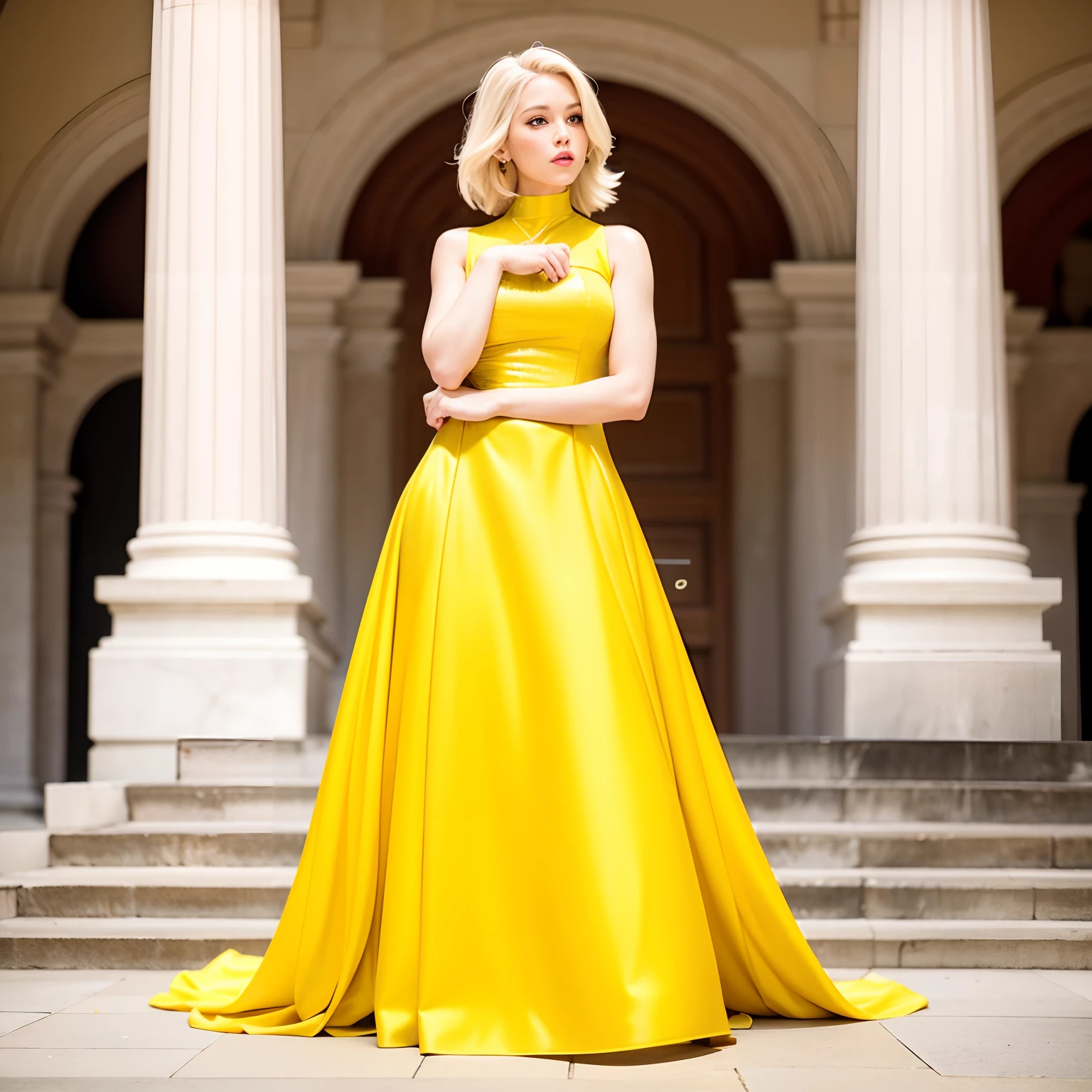 Blonde woman in yellow dress posing in front of castle, fashion shoot 8k, high-end fashion photoshoot, 4k fashion shooting, athletic fashion photography, cinematic outfit photo, fashion photoshoot, concept photoset, High Fashion Photography, with yellow cloths, full shot fashion photography, editorial fashion photography, Yellow clothes, highly detailed giantess shot, fantasy photoshoot