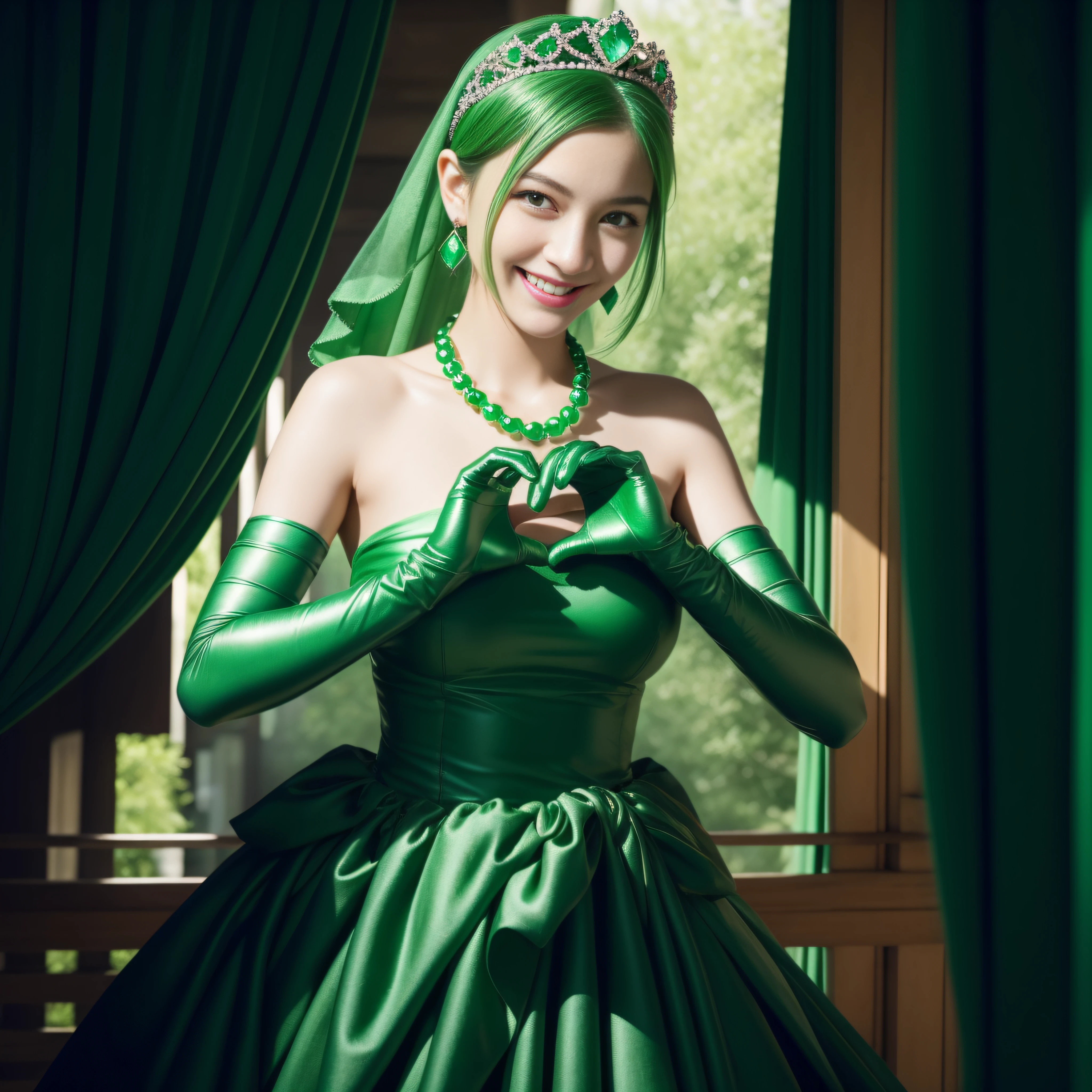 emerald tiara, Green Pearl Necklace, Boyish very short green hair, lipsticks, Japan woman smiling, very short short hair,  big breasts beautiful, Green eyes, Long green gloves made of satin material, Green eyes, Emerald Earrings, green vale, Heart with both hands