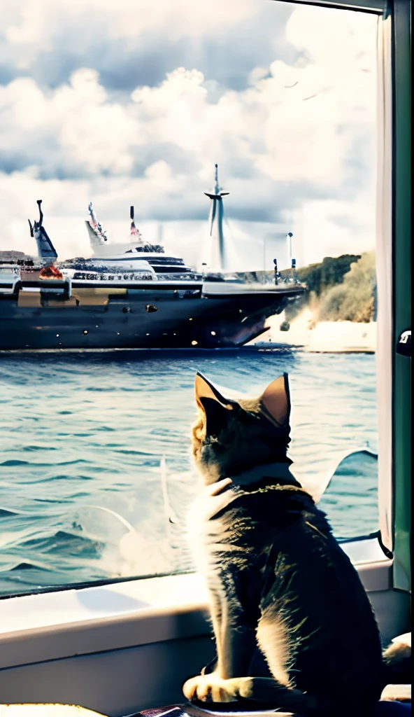 A cat sticking to the window of a large ship