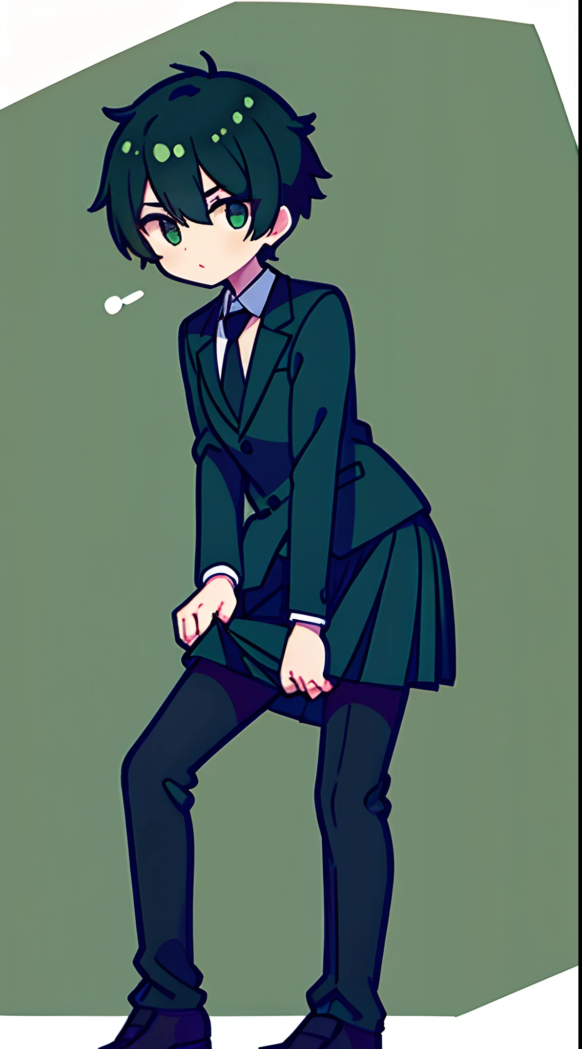 Short green-black haired boy in suit and skirt