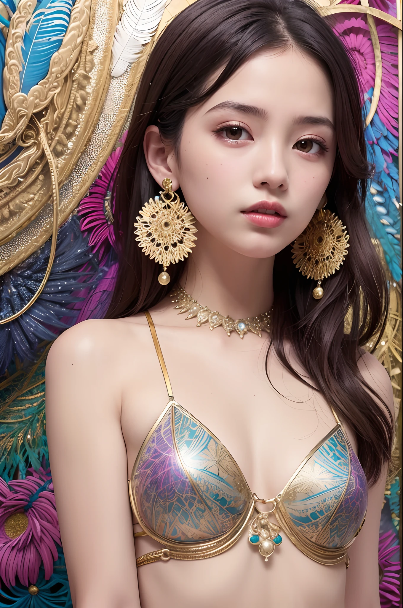 A girl with small ,  shoulders, golden hair, colored feathers, metal ornaments, colored flowers, particles, light rays, (masterpiece, top quality, best quality, official art, beautiful and aesthetic:1.2), (1girl:1.3), extremely detailed,(fractal art:1.1),(colorful:1.1)(flowers:1.3),highest detailed,(zentangle:1.2), (dynamic pose), (abstract background:1.3), (shiny skin), (many colors :1.4), ,(earrings:1.4), (feathers:1.4)