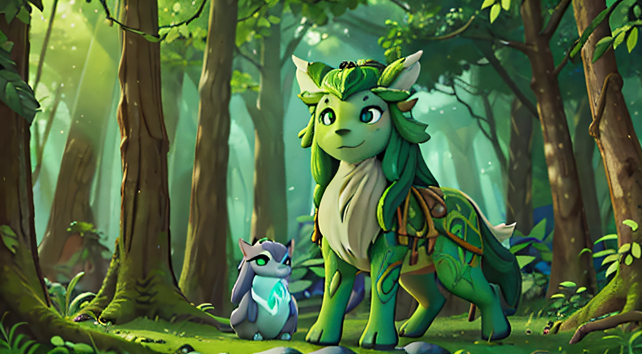 (best quality,4k,8k,Altas,master part:1.2),ultra-detalhado,Realistic,fotorrealista:1.37,Guardian of the Forest, encantado, majestoso, Wise, mystical creature, luscious greenery, towering trees, feixes de luz solar, cores vibrantes, ethereal atmosphere, Guardian of the Forest protecting the balance of nature, olhos penetrantes, juba de longo fluxo, Intricate patterns on your body, Ancient wisdom passed down through generations, Silent Strength, Divine Presence, harmonious connection with nature, rochas cobertas de musgo, magical aura, sussurro suave do vento, farfalhar suave das folhas, Mythical creature watching over the forest, Peaceful Serenity, beleza sobrenatural.