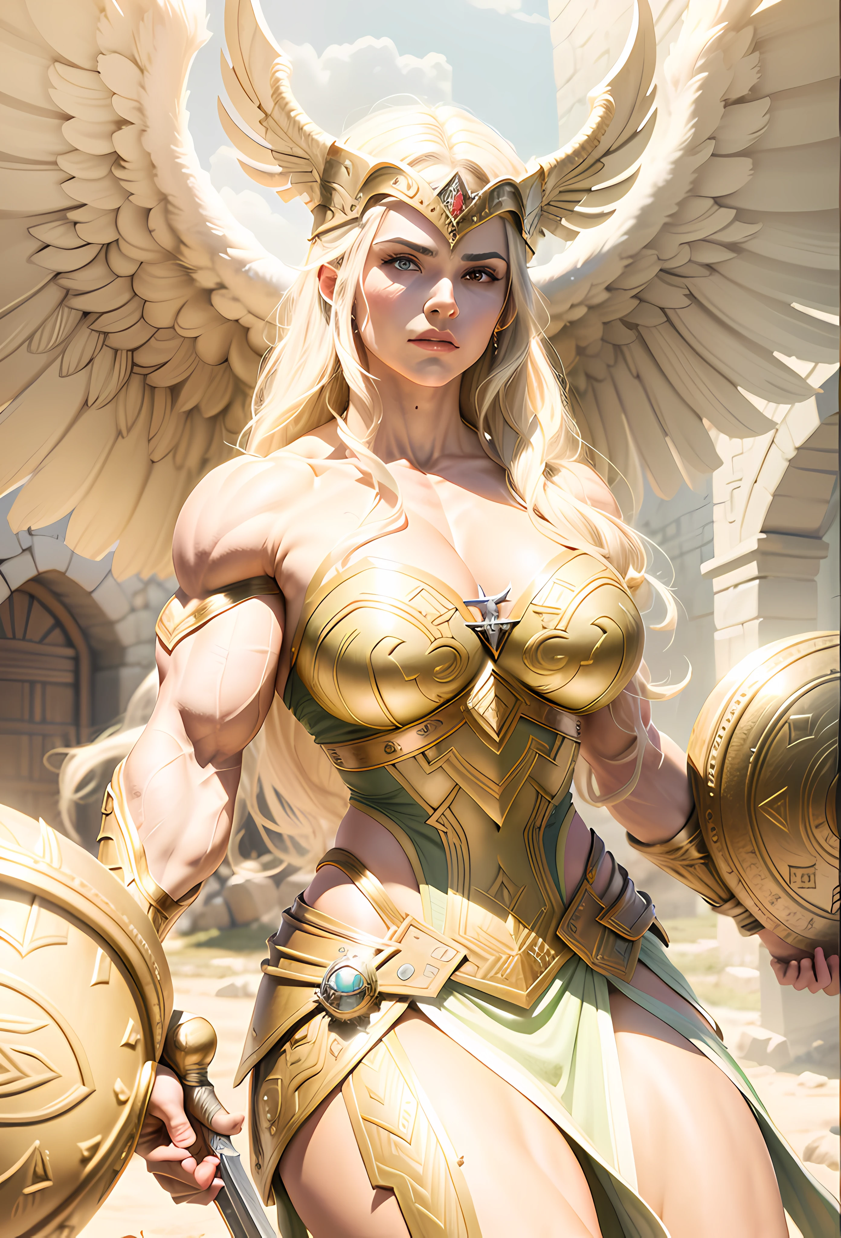 This is a photograph of a highly detailed illustration by Boris Vallejo. The central figure is a muscular, fair-skinned woman with long blonde hair styled in a braid, wearing a Viking-style winged helmet and a minimalistic, golden. She has a strong, athletic build with well-defined muscles. Her left arm is adorned with multiple golden bracelets and rings, and she holds a large, ornate shield in her right hand. The shield is circular with intricate, metallic designs and a central boss. The woman is seated on a large, furry animal pelt, which adds texture and depth to the image.((masterpiece, top quality, Highest image quality, High resolution, Photorealistic, RAW photo, 8K)), ((extremely detailed CG wallpaper unified 8k)), (Huge stunning shot of the goddess, Very hot and sexy, stunning beauty, Ideal proportions, Beautiful body, Slim body, beauty:1.4) caption: "KlausLoki" is indicated in the down right corner of the picture