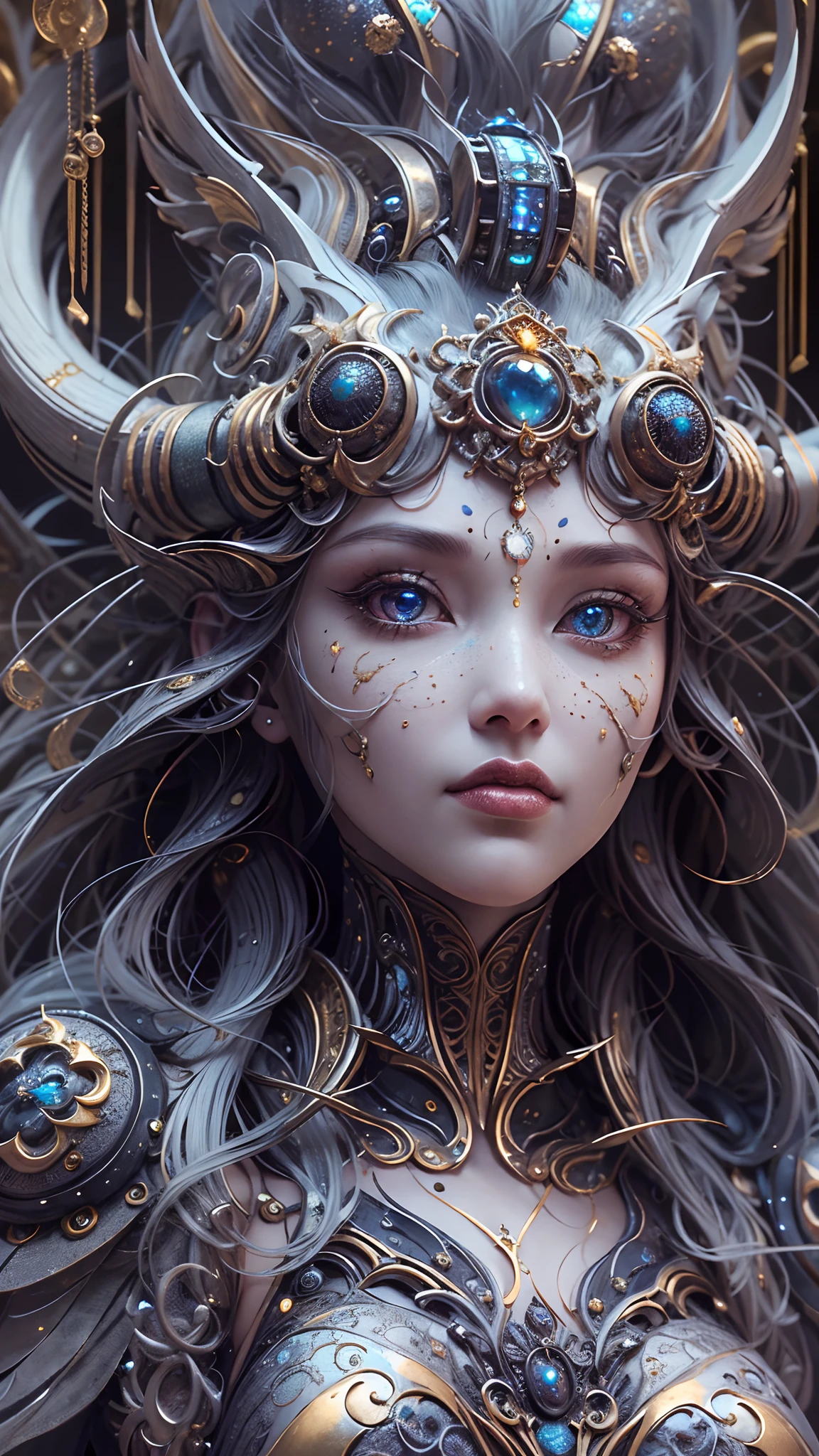 （best qualtiy，ultra - detailed，Most Best Illustration，Best shadow，tmasterpiece，A high resolution，professionalartwork，famousartwork），Detailed eyes，beautidful eyes，closeup cleavage，sci-fy，colored sclera，Robot eyes，face markings，Tattooed with，（fractalized，Fractal eyes），largeeyes，Wide eyes，（Eye focus），sface focus，Cosmic eyes，Space eyes，Close-up of metal sculpture of a woman with a moon in her hair，goddes。extremly high detail，3 d goddess portrait，Extremely detailed footage of the goddess，a stunning portrait of a goddess，Side image of the goddess，portrait of a beautiful goddess，Full body close-up portrait of the goddess，hecate goddess，portrait of a norse moon goddess，goddess of space and time
