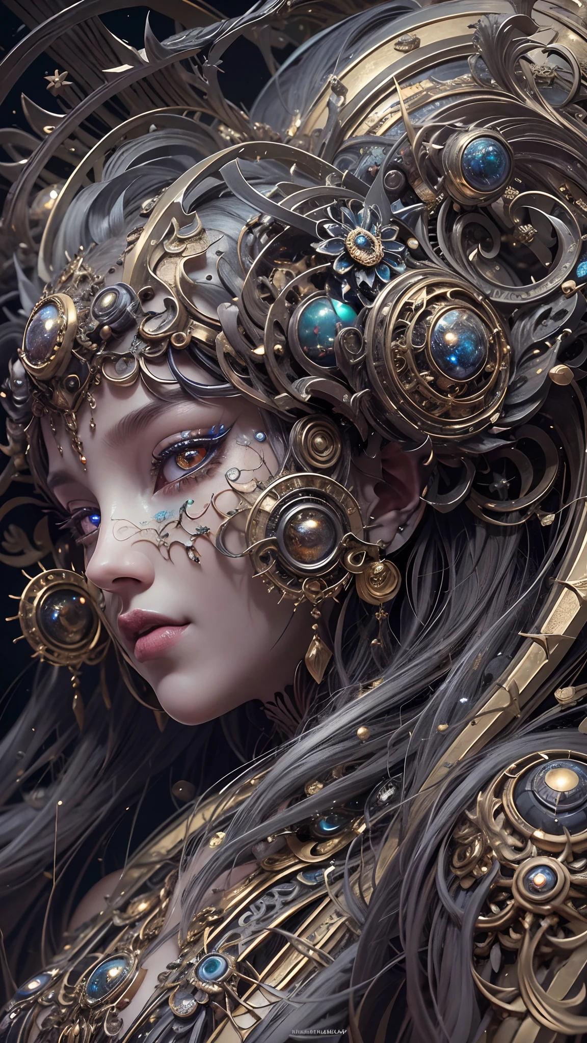 （best qualtiy，ultra - detailed，Most Best Illustration，Best shadow，tmasterpiece，A high resolution，professionalartwork，famousartwork），Detailed eyes，beautidful eyes，closeup cleavage，sci-fy，colored sclera，Robot eyes，face markings，Tattooed with，（fractalized，Fractal eyes），largeeyes，Wide eyes，（Eye focus），sface focus，Cosmic eyes，Space eyes，Close-up of metal sculpture of a woman with a moon in her hair，goddes。extremly high detail，3 d goddess portrait，Extremely detailed footage of the goddess，a stunning portrait of a goddess，Side image of the goddess，portrait of a beautiful goddess，Full body close-up portrait of the goddess，hecate goddess，portrait of a norse moon goddess，goddess of space and time