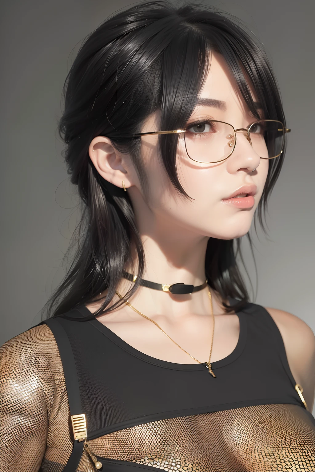arafed woman with a black top and a gold circle glasses, photorealistic girl render, soft portrait shot 8 k, 8k portrait render, 3 d realistic, detailed beauty portrait, detailed portrait of a girl, realistic young girl, realism style, artgerm ; 3d unreal engine, neat hair with bangs, cinematic realistic portrait