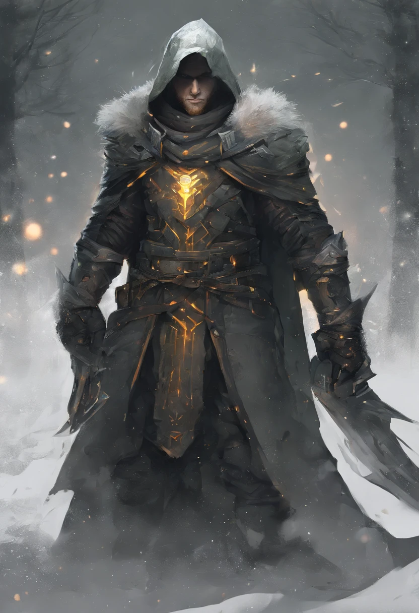 mysterious middle aged human male, short ginger hair, short ginger beard, scarred face, scars, detailed dark green eyes high details, grey scale armor, dark hooded cloak, dark fantasy, cinematic shot, yellow glow, frozen tundra background, medieval, masterpiece, all in a dark fantasy artstyle