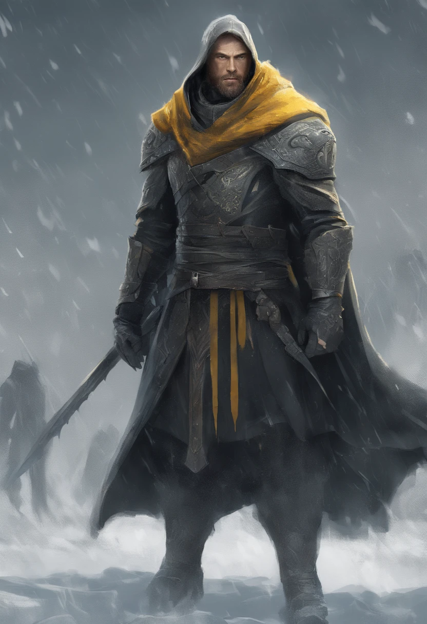 mysterious middle aged human male, short ginger hair, short ginger beard, scarred face, scars, detailed dark green eyes high details, grey scale armor, dark hooded cloak, dark fantasy, cinematic shot, yellow glow, frozen tundra background, medieval, masterpiece, all in a dark fantasy artstyle