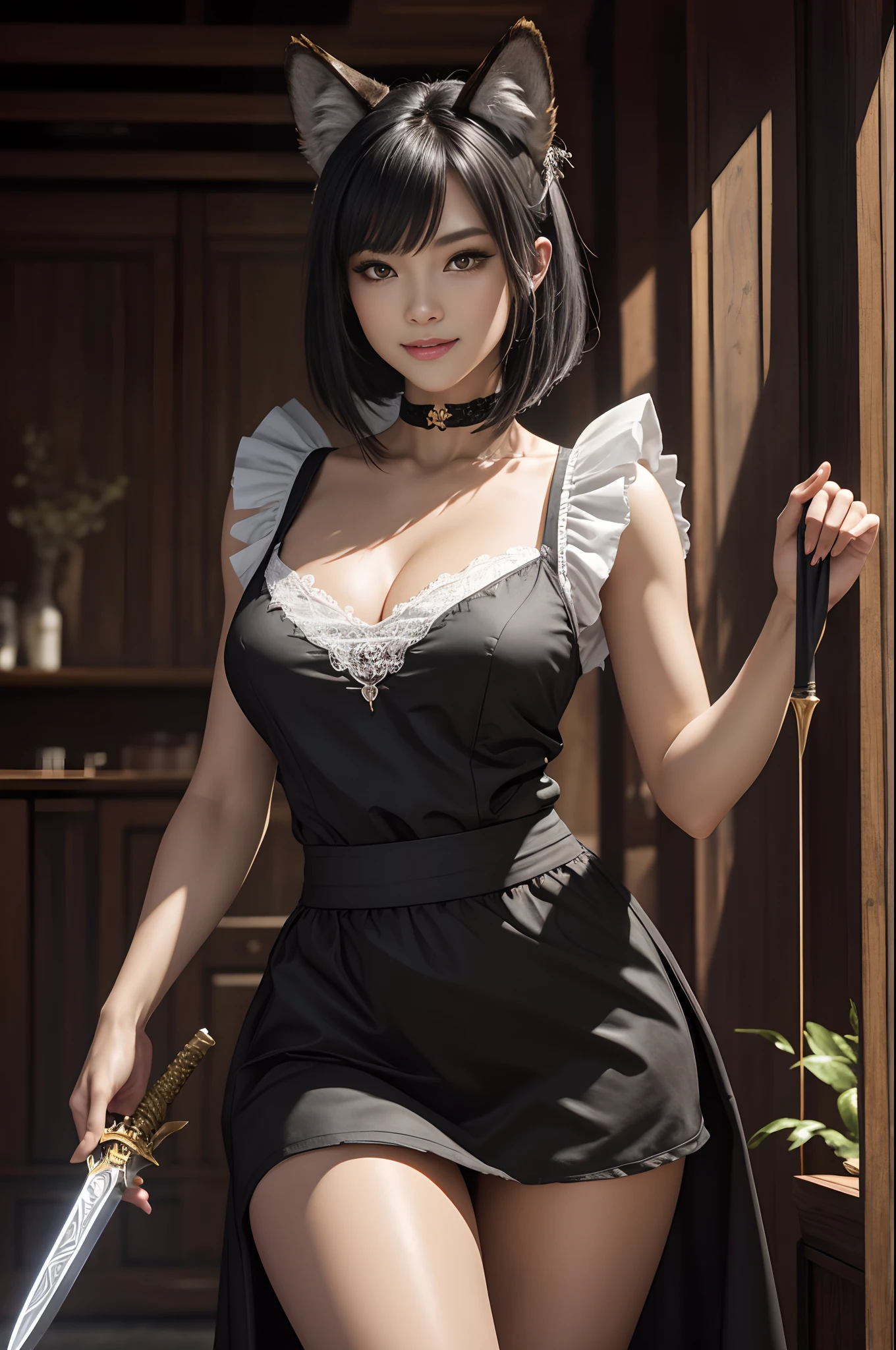 8K、The highest quality of photorealistic RAW photos。1.4)1人,(Caucasian girl werewolf) Personification of super beautiful small-breasted wolves(lifelike face) Wolf personification ,Short bob with black hair,Maid long skirt,Black and white maid costume,golden decoration beautiful expression super high resolution smile precise details realistic skin,enticing,red claw,Beautiful Wolf Eyes,Holding a dagger,Gray wolf ears,