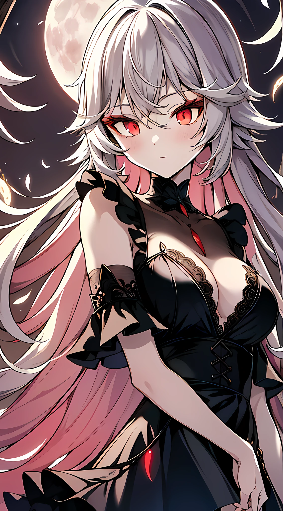 eirudy_\(springwitch3\),masterpiece,1girl,red eyes,black pupil,moon, black dress, feathers,forest,night,absurdres,high res, ultrasharp, 8K, masterpiece, looking at viewer