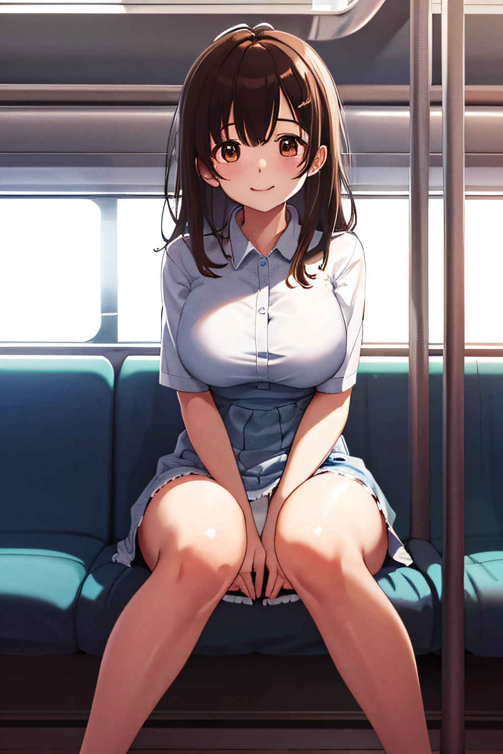 ((The mature woman is wearing a big black sweater:1.5)))((She wears a long white skirt:1.5))))((From an angle where you can see the whole body)))(((Sitting in a seat on a crowded train:1.8))))((She is facing the viewer with her legs spread in an M-shape:1.8)))、((Her bright red panties are in full view))、((Smiling shyly:))Sexy brown woman１people、Highest quality、超High resolution、High resolution、Detailed CG、8k wallpaper、50 years old、Detailed and beautiful、(Brown and shiny body、:1.5)、Embarrassed、(A dreamy face:1.5)、(The shape of your lips when kissing with your tongue out)、Full of embarrassment、