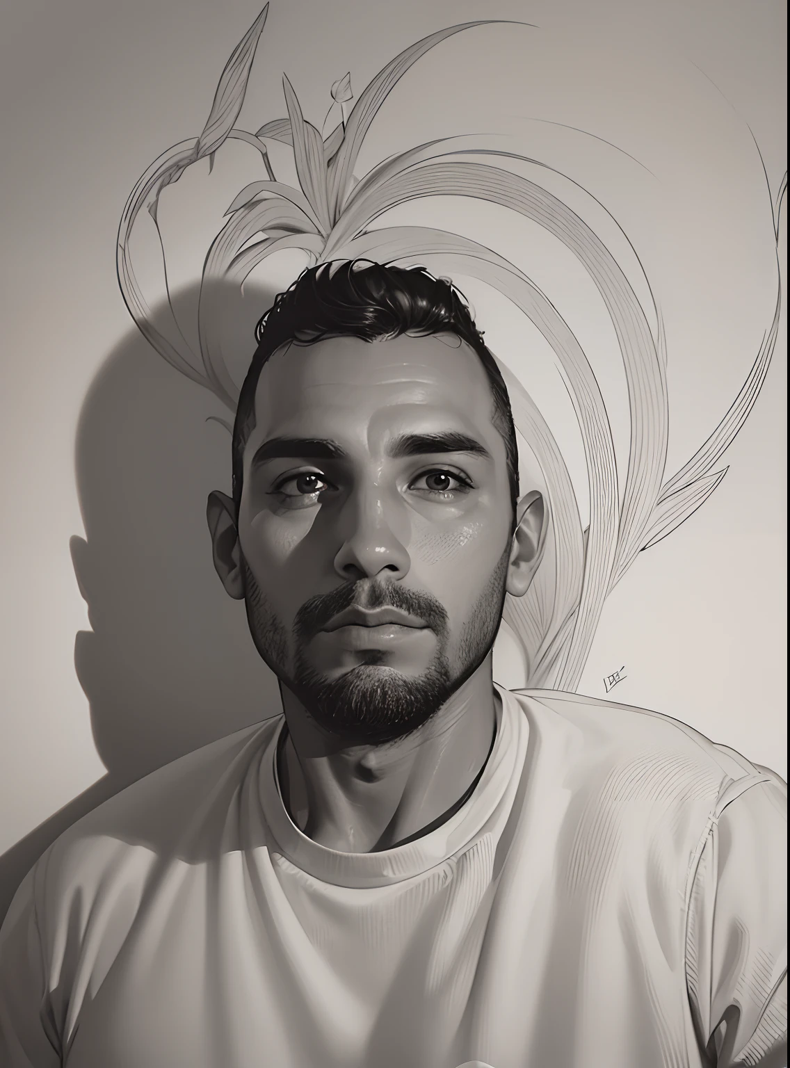 obra prima, jovem de 25 anos , masculino , somente, Close-up do busto, fundo do desenho da linha da flor, fundo branco, monocromatic, desenho de linha, ((esquete))