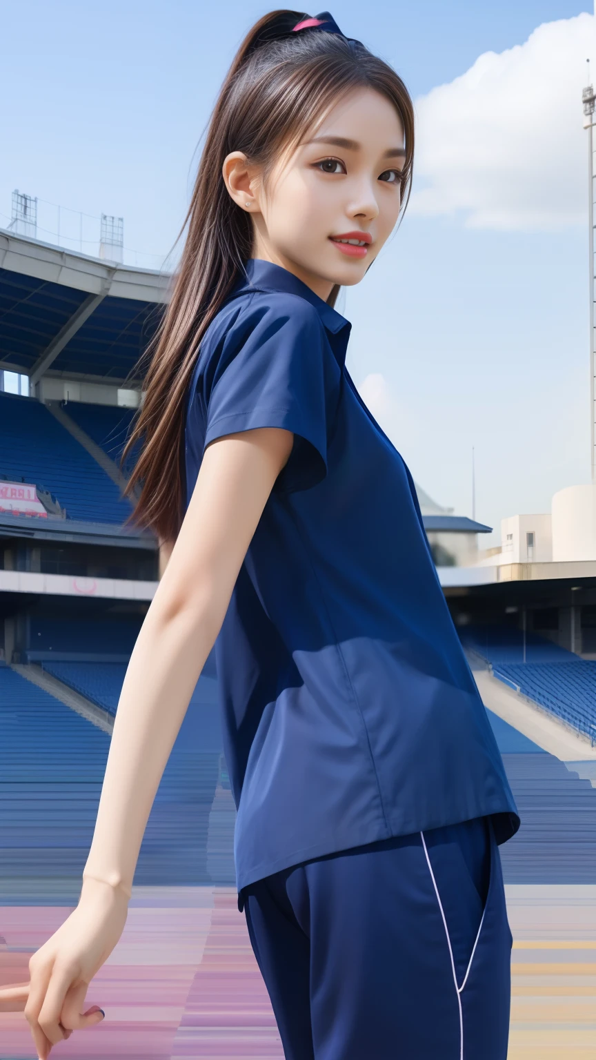 (best quality,4k,8k,highres,masterpiece:1.2),ultra-detailed,(realistic,photorealistic,photo-realistic:1.37),1 cute girl in soccer stadium,shiny skin,solo,light smile,bdclothes,((lightpurple shirt:1.3)),short sleeve,shirt out off pant,(navy_long_trackpant:1.1), ((stadium background:1.3)),dynamic angle,excited,focus face,dynamic pose,from behide