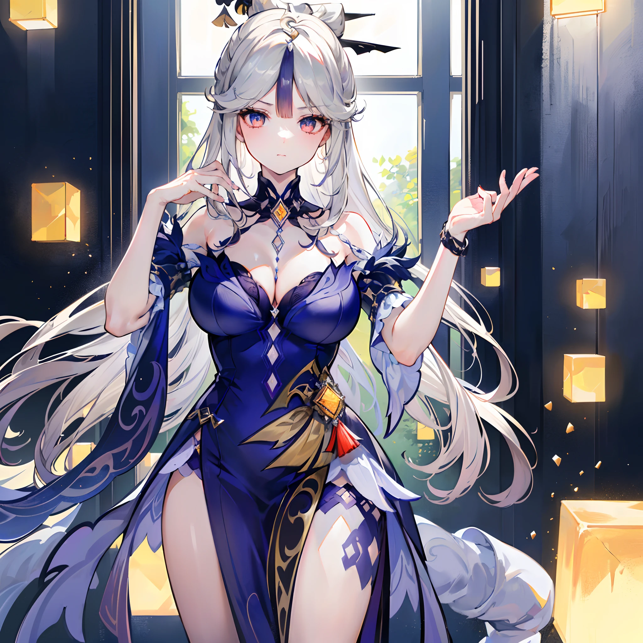 (8K, Best quality, tmasterpiece:1.2),\(eye detailed\),\(Facial features\),(\(Clothes detail details\)\),closeup cleavage,full bodyesbian,(Facial focus) ,Very detailed CG unity 8K wallpaper,hugefilesize,ultra - detailed,A high resolution,absurderes,beautidful eyes,Ray traching,dramatic shadow,finely detailled,Dramatic angles,Hyper-detailing,(1 girl:1.3),(Ningguang Ningguang Orc Ningguang/(Genshin Impact/)),(Solo),Mature female,(long ???????),(Super ???????????), a matural female， thick thight， busty figure,(Immerse yourself in a virtual square room:1.3)+(Fluorescent blue notch:1.3)