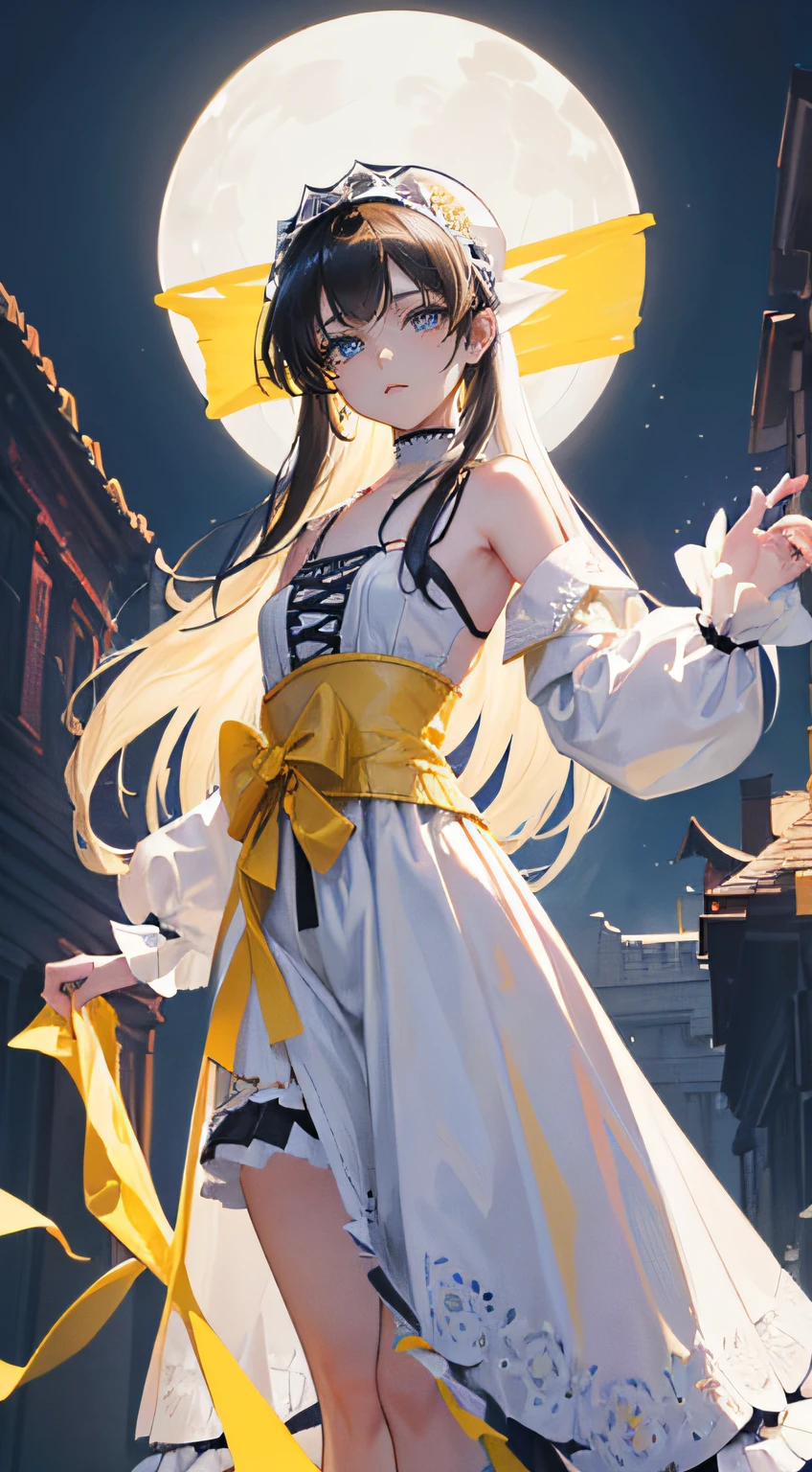 (Best work),(Highest quality),((Long:1.3)),((The long-haired:1.3)),(Black hair),(((Wearing a yellow headband in her hair:1.3))),Gorgeous skirt,softfocus,Very stunning and gorgeous mature woman,Do not wear maid headbands,(Black hair),(Solo),(((White costume:1.3))),(((All Gothic Lolita costumes are white cloth:1.3))),((Dress-type costumes)),Elegant and elegant Gothic Lolita,((small udder)),((thin chest)),Soft skin,Tall,Mature body,Nice big blue eyes,(High detail eyes),A look of compassion、Eyes open,Have a bouquet of white flowers,Illuminated by the sun,Beautiful cobblestones,Well-kept trees,Colorful flowers々、Western-style garden,Bust-up composition,Built for cameras,oriented,Awe-inspiring scenery,Camera Eye,Glittering decoration revealing white,Stylish atmosphere,Beautiful scenery,Overhead configuration,f lare,Fine Features,Perfect Anatomy Tommy,Centered, Perfect distance, Delicate details, with an intricate, acurate, Highly detailed rich colors, taming, Rich colors, clean, Rich colors, elaborate details, golden ratio illustrations