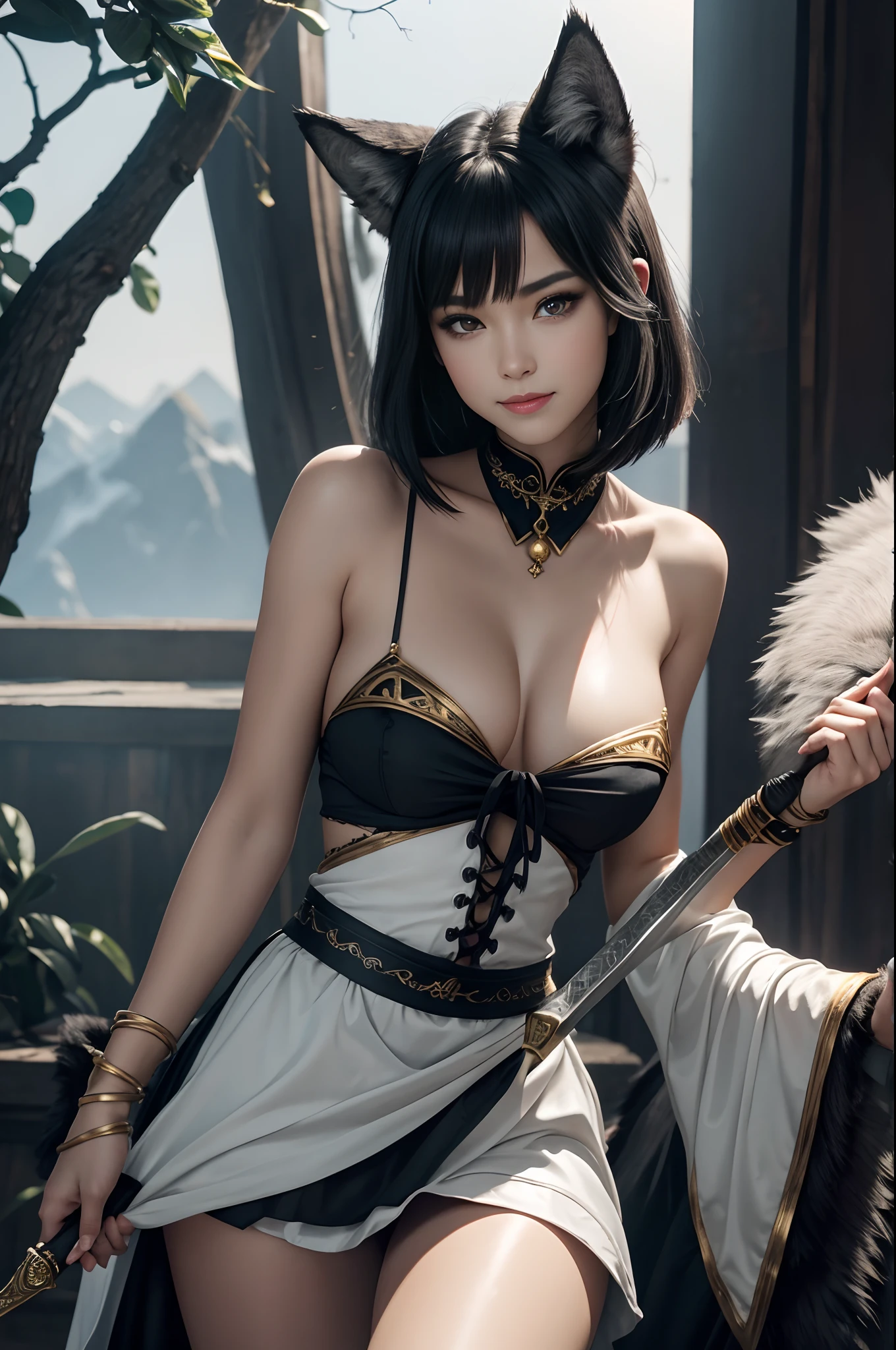 8K、The highest quality of photorealistic RAW photos。1.4)1人,(Caucasian girl werewolf) Personification of super beautiful small-breasted wolves(lifelike face) Wolf personification ,Short bob with black hair,Maid long skirt,Black and white maid costume,golden decoration beautiful expression super high resolution smile precise details realistic skin,enticing,red claw,Beautiful Wolf Eyes,Holding a dagger,Gray wolf ears,very small breasts