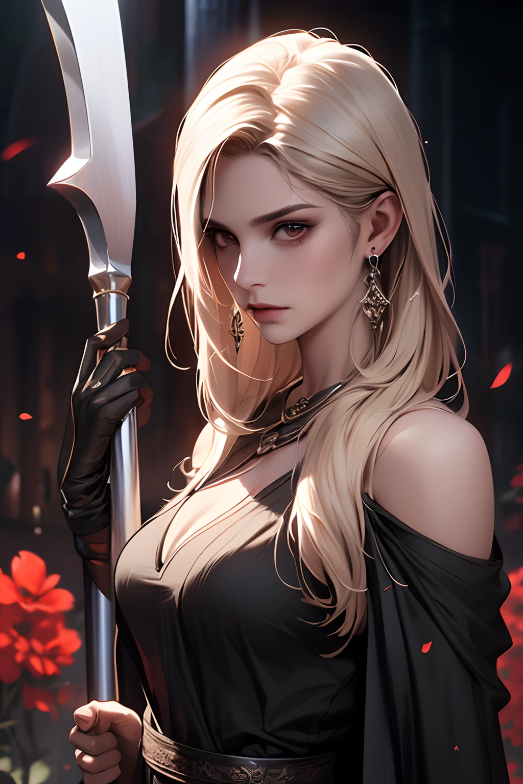 (best quality,4k,8k,highres,masterpiece:1.2),ultra-detailed,(realistic,photorealistic,photo-realistic:1.37),omniscient reader's viewpoint, ((1female, grim reaper fanart)), manhwa art style, beautiful  woman, siren eyes, beautiful features, stylish hair, sharp jawline, chiseled face, charming, artistic lighting, detailed shadows, dynamic pose, holding a scythe, confident expression, fully covered body, black medieval dress, full coverage of body, attention to details, dim lighting, subtle textures, expressive eyes, stunning beauty, dark atmosphere, immersive experience, detailed background, focus on facial features, visual storytelling, breathtaking composition, authentic representation, stylish dark accessories, impeccable fashion sense, artistic incorporation of texturing, realistic skin tones, attention to human form, exquisite artwork quality, lifelike textures, fantastic illustration technique, lively brushwork, vivid sense of depth, emotional impact, impeccable artistry, captivating image composition, mesmerizing atmosphere.