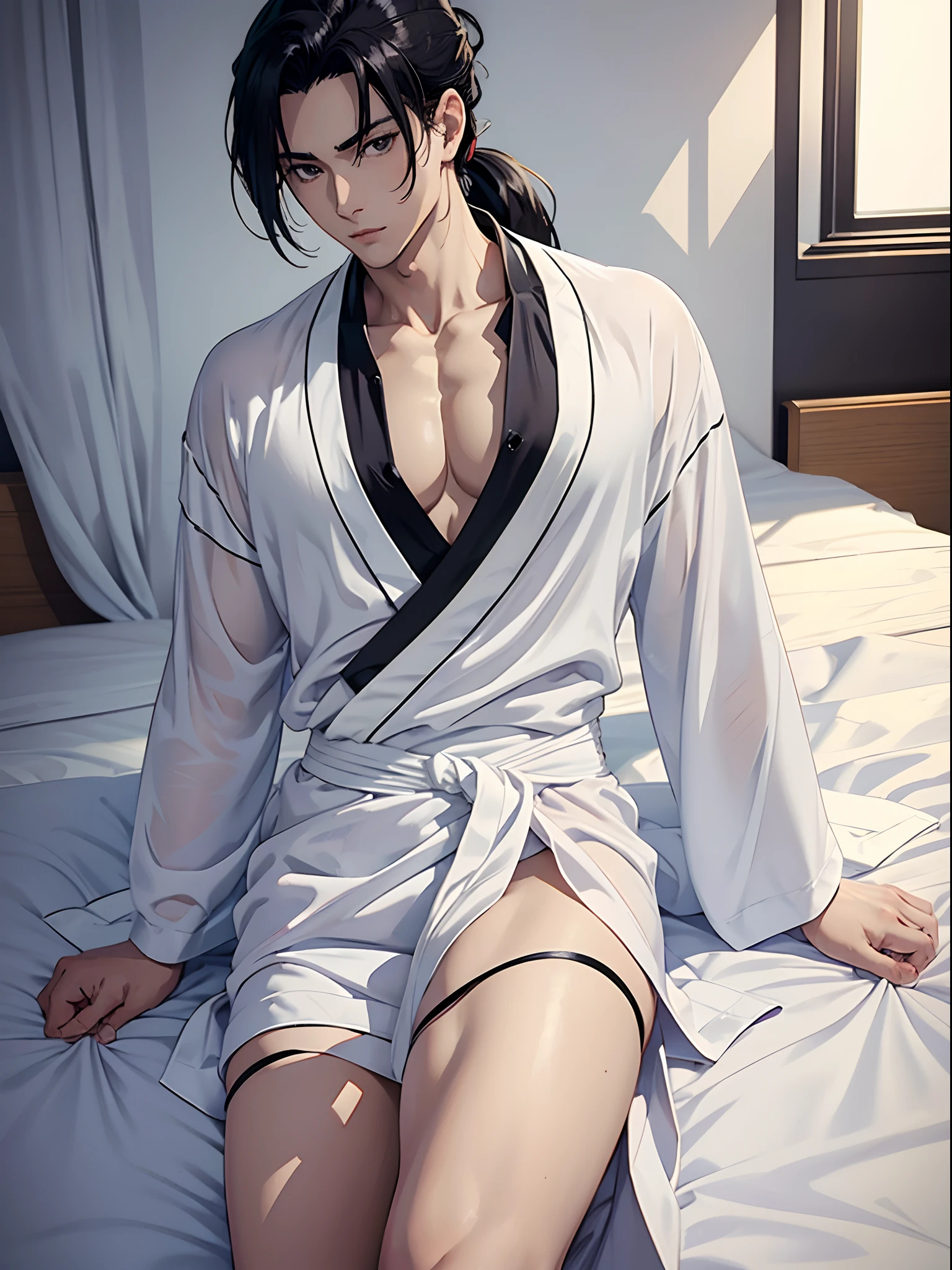 anime handsome man, black hair ponytail hairstyle, white silk robe, lying on the bed