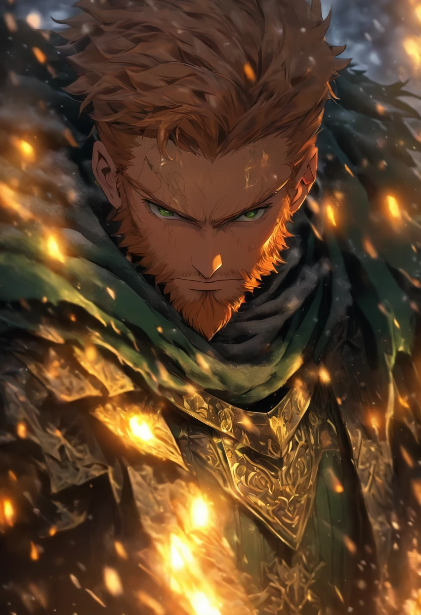 mysterious middle aged human male, short ginger hair, short ginger beard, scarred face, scars, detailed dark green eyes high details, grey scale armor, dark hooded cloak, dark fantasy, cinematic shot, yellow glow, frozen tundra background, medieval, masterpiece, all in a dark fantasy artstyle
